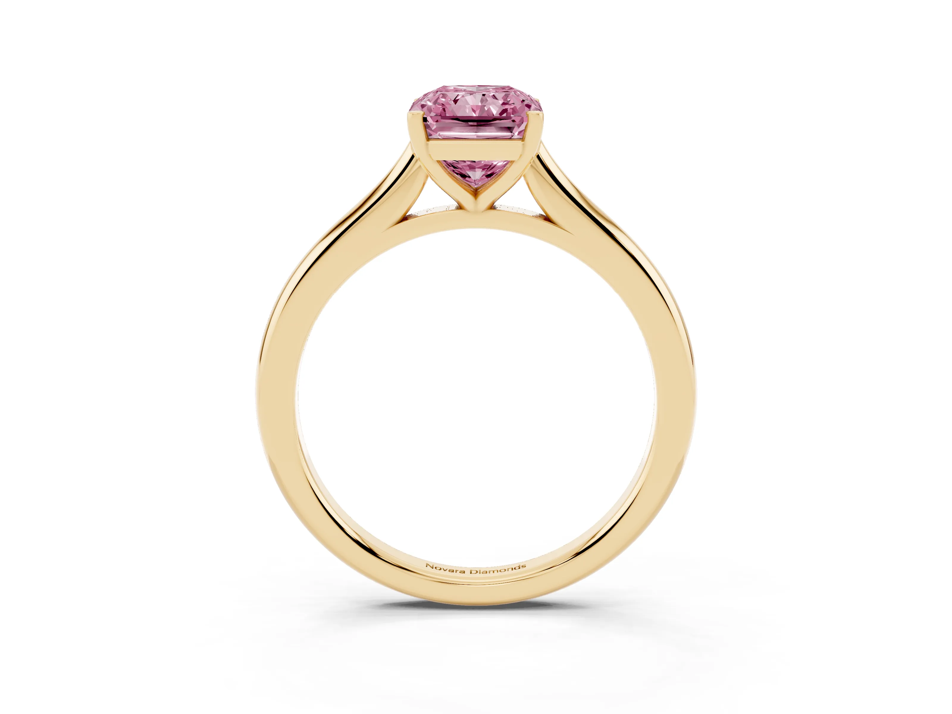 Fancy Pink Radiant Cut Diamond Solitaire Ring Set in Yellow gold with Cathedral Band and Prong Setting
