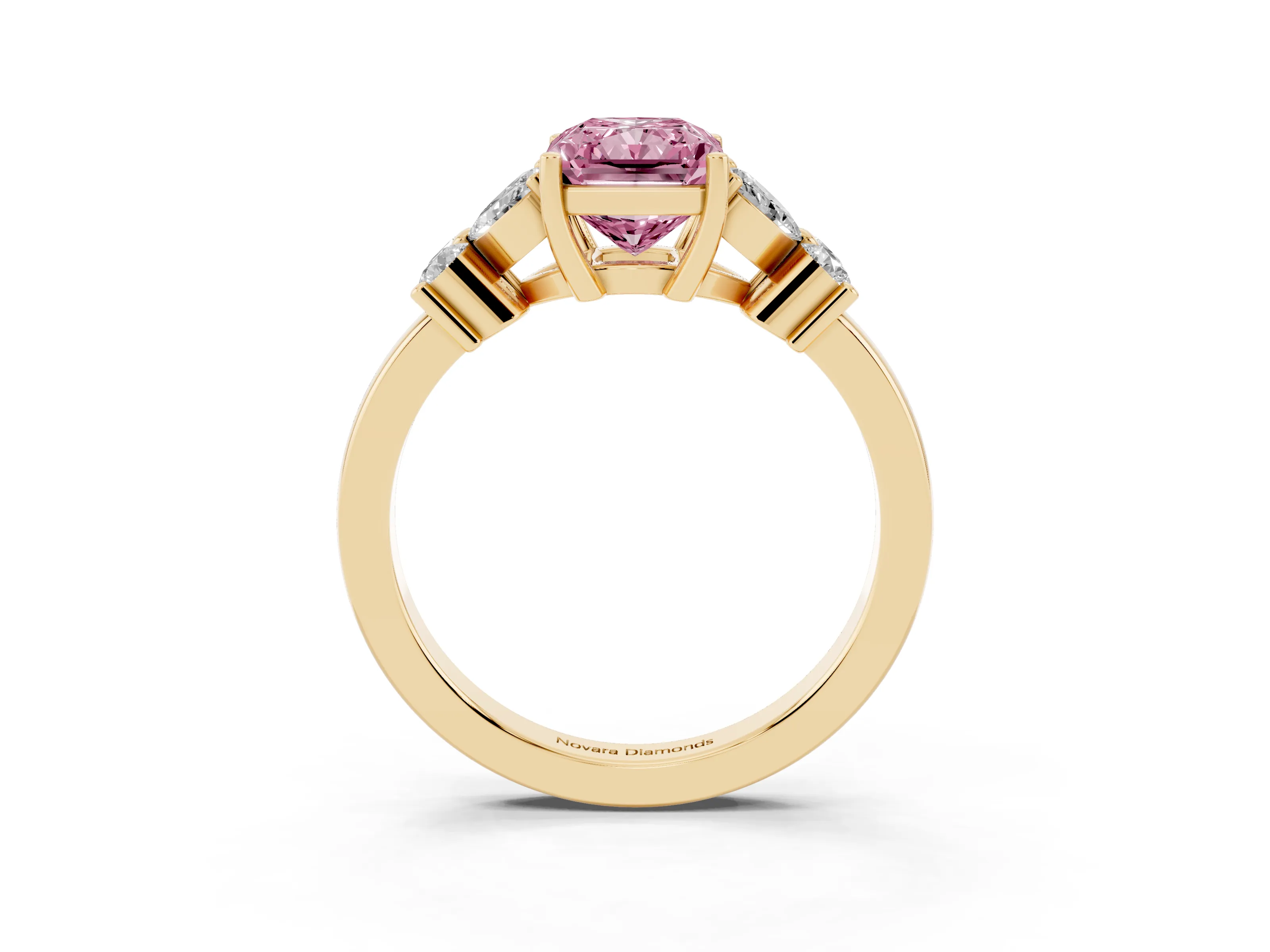Fancy Pink Radiant Cut Diamond Floral Cluster Ring Set in Yellow gold with Marquise Petals and Prong Setting