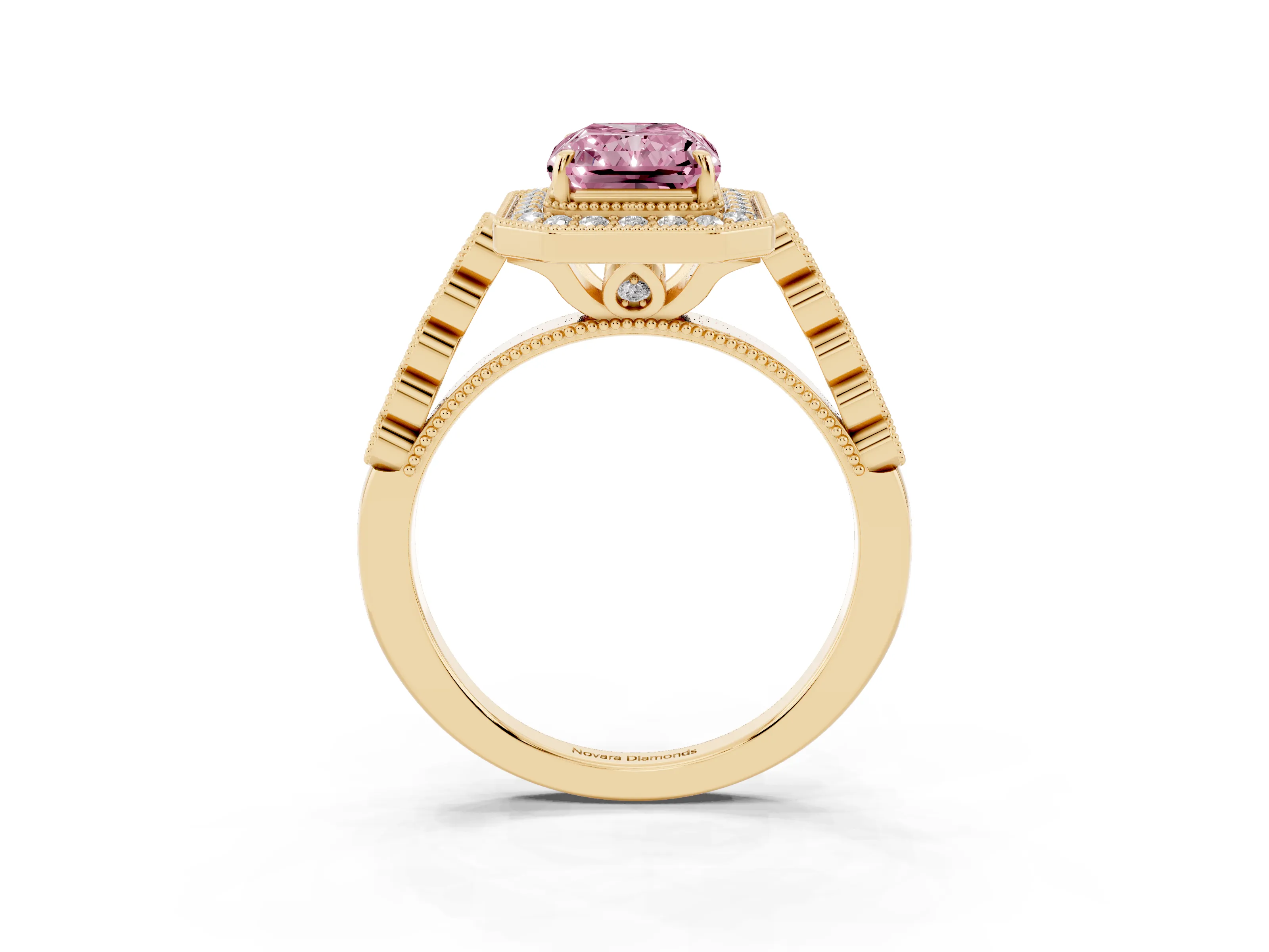 Fancy Pink Radiant Cut Diamond Milgrain Halo Solitaire Ring Set in Yellow gold with Bezel Set Side Stones and Pavé Band