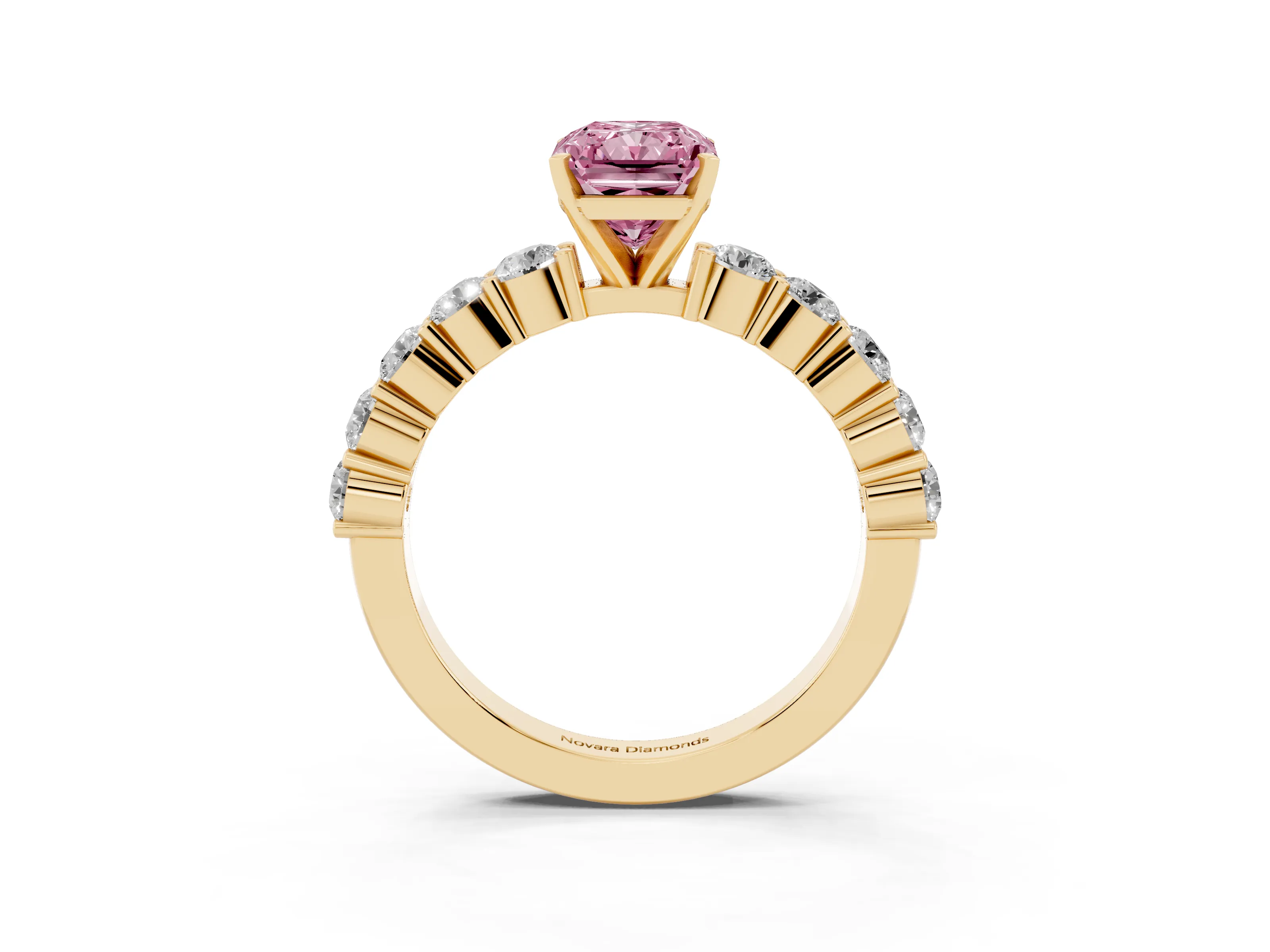 Fancy Pink Radiant Cut Diamond Solitaire Ring Set in Yellow gold with Shared Prong Round Side Stones
