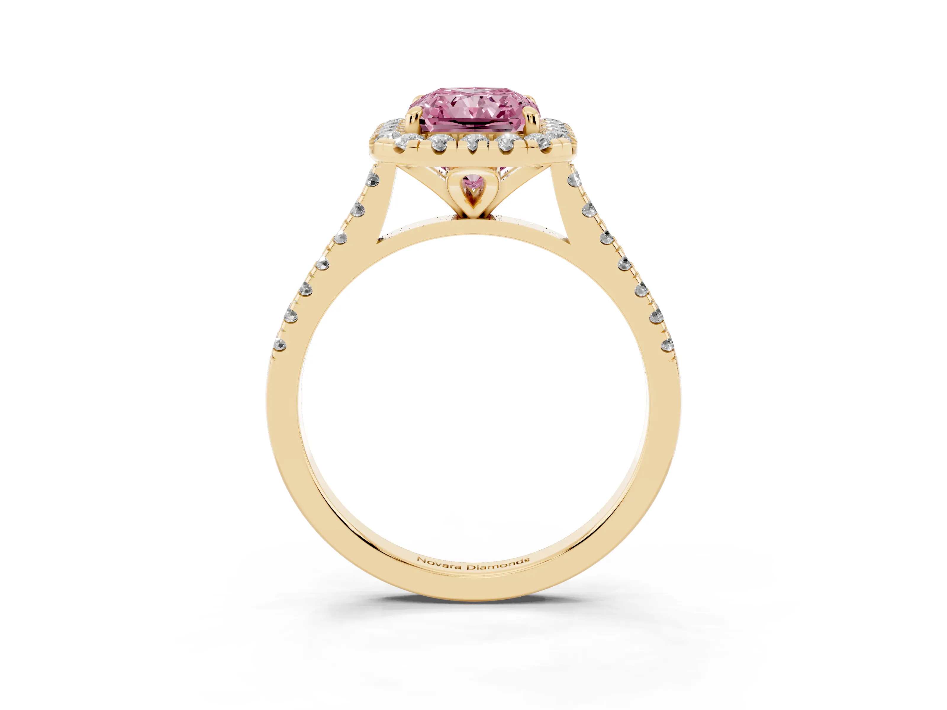 Fancy Pink Radiant Cut Diamond Cushion Halo Ring Set in Yellow gold with Pavé Band