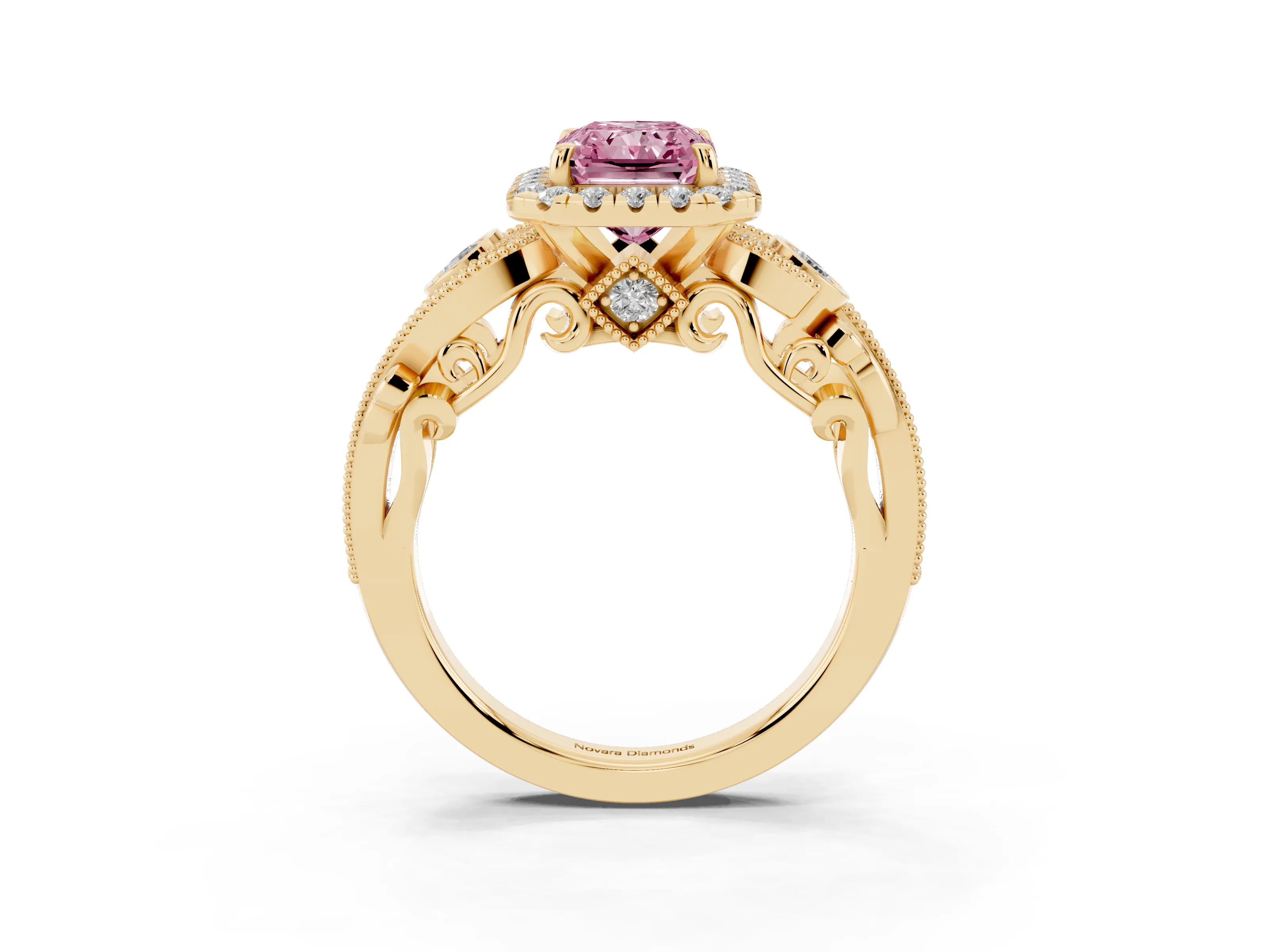 Fancy Pink Radiant Cut Diamond Halo Ring Set in Yellow gold with Milgrain Pavé Band and Prong Setting