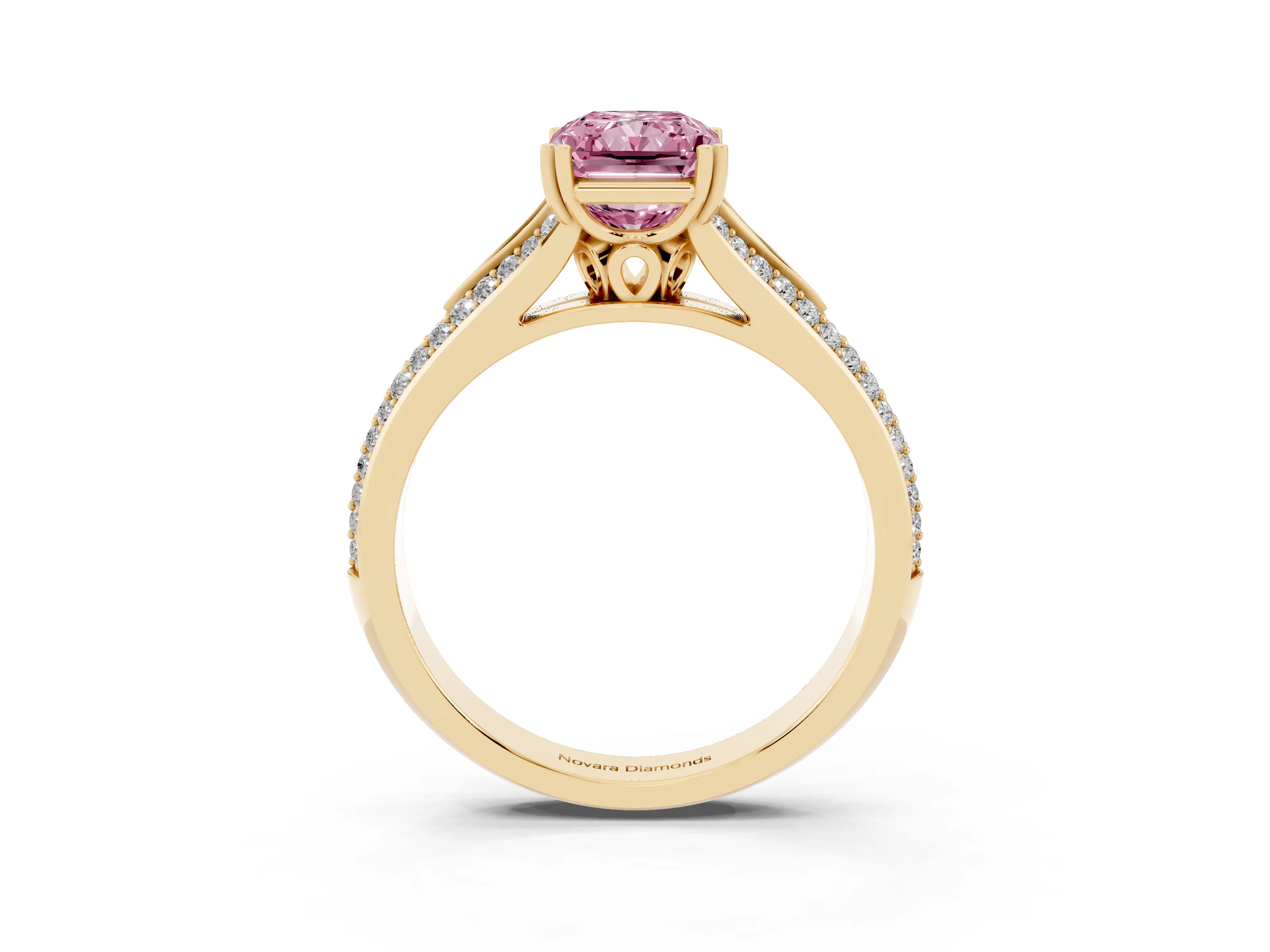 Fancy Pink Radiant Cut Diamond Split Shank Pavé Engagement Ring Set in Yellow gold with Prong-Set Center Stone