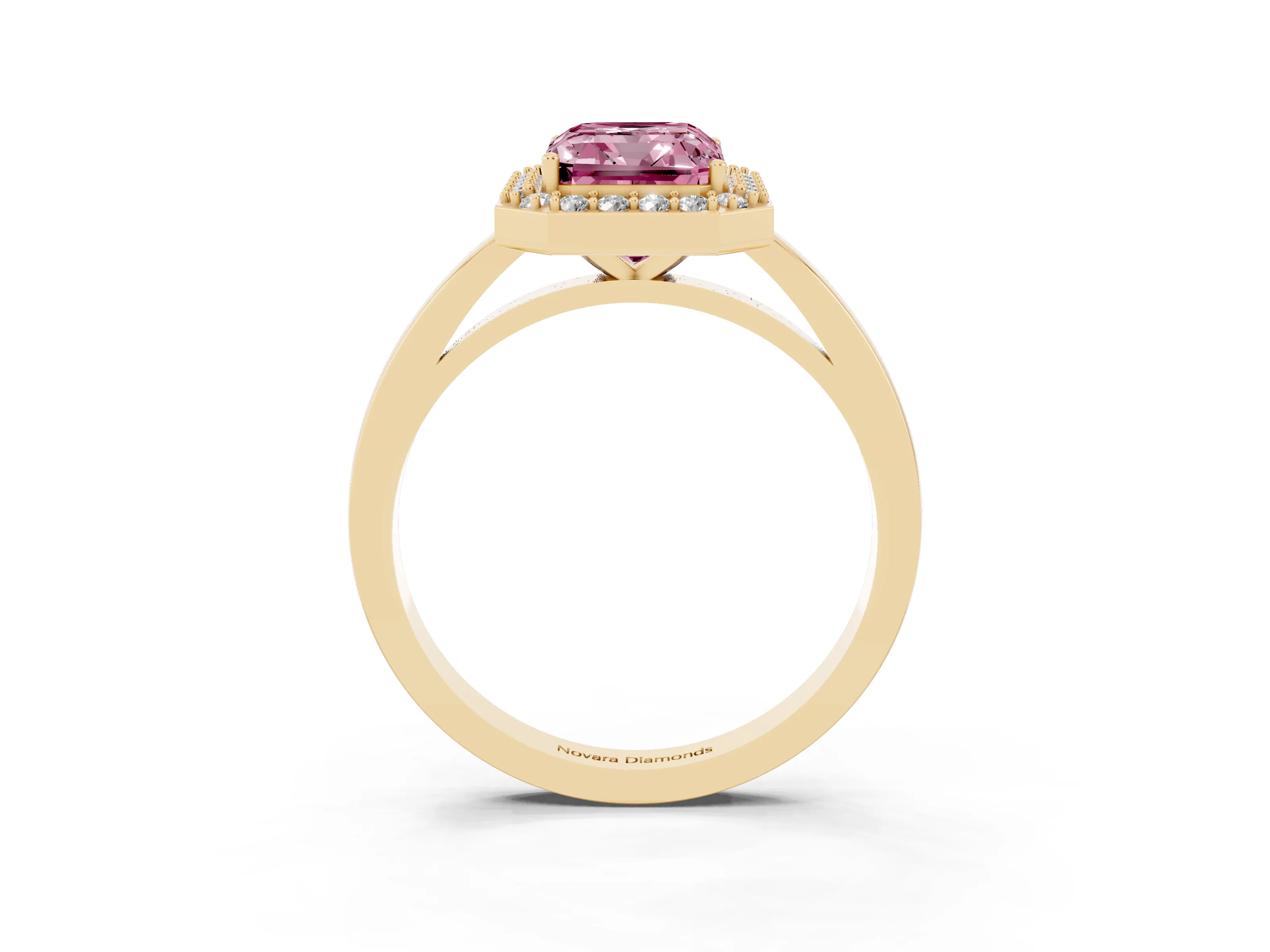 Fancy Pink Radiant Cut Diamond Halo Ring Set in Yellow gold with Solitaire Band and Prong Setting