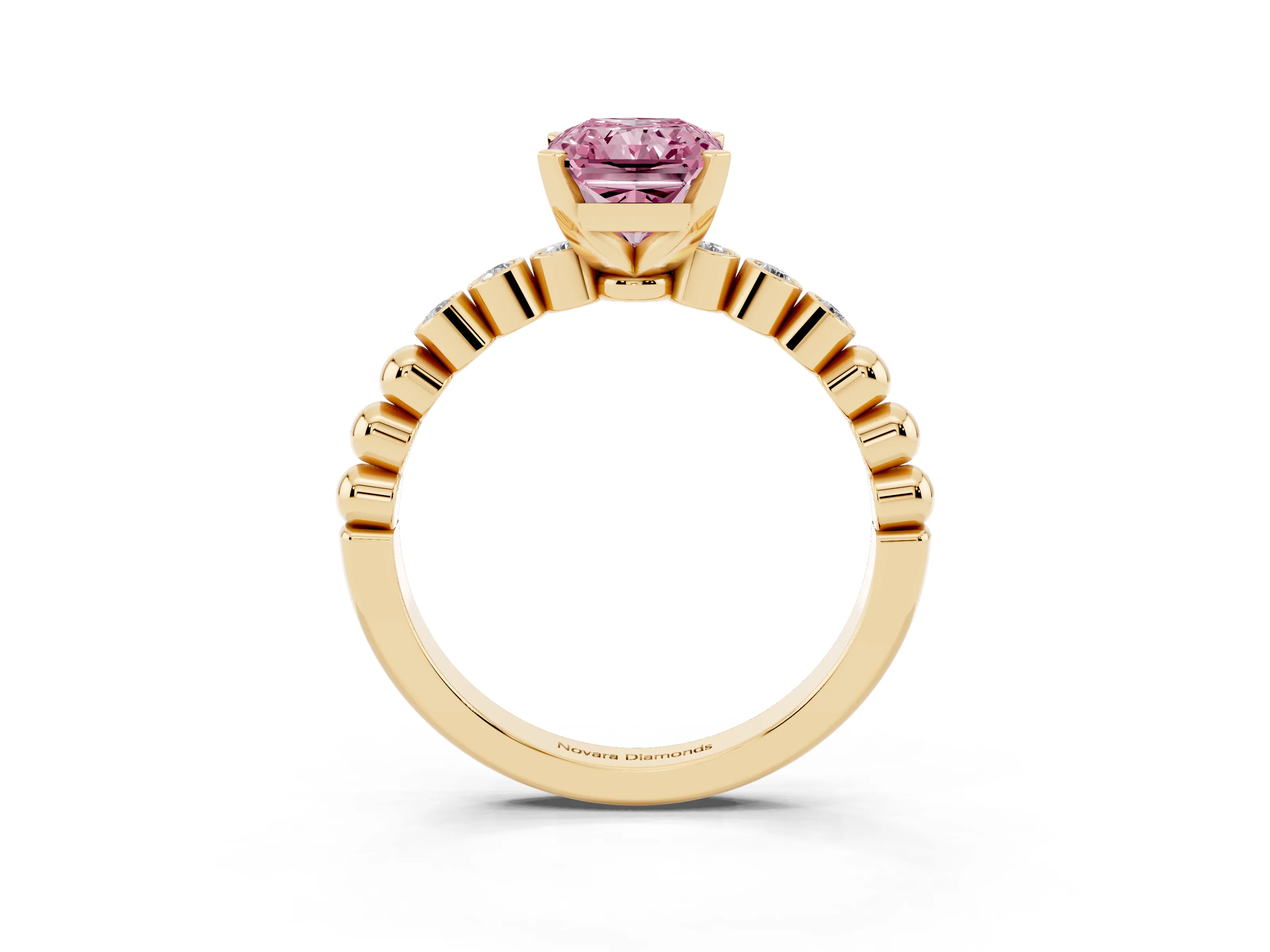Fancy Pink Radiant Cut Diamond Solitaire Engagement Ring Set in Yellow gold with Bezel Accents on Beaded Band