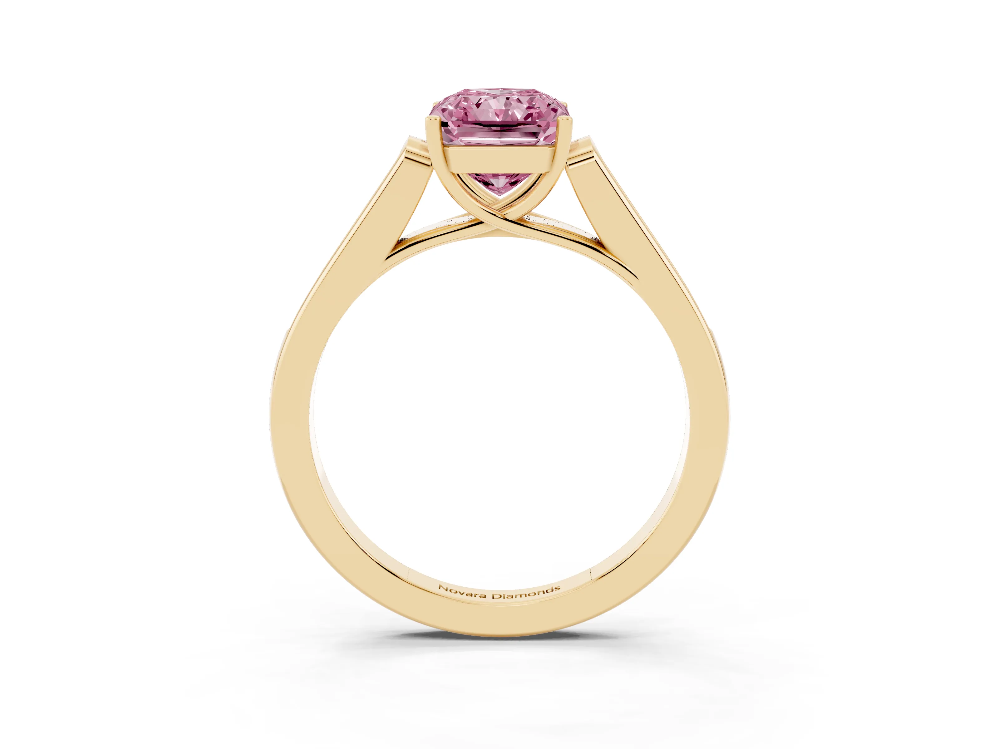 Fancy Pink Radiant Cut Diamond Solitaire Cathedral Engagement Ring Set in Yellow gold with Channel-Set Band and Prong Setting