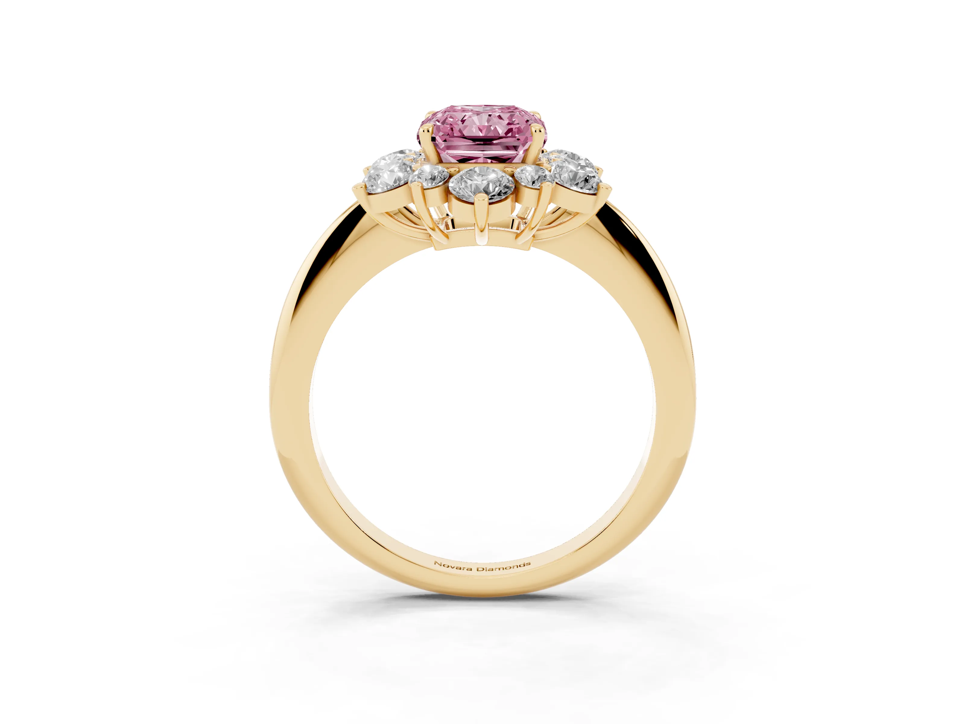 Fancy Pink Radiant Cut Diamond Cluster Halo Ring Set in Yellow gold with Solitaire Band and Prong Setting