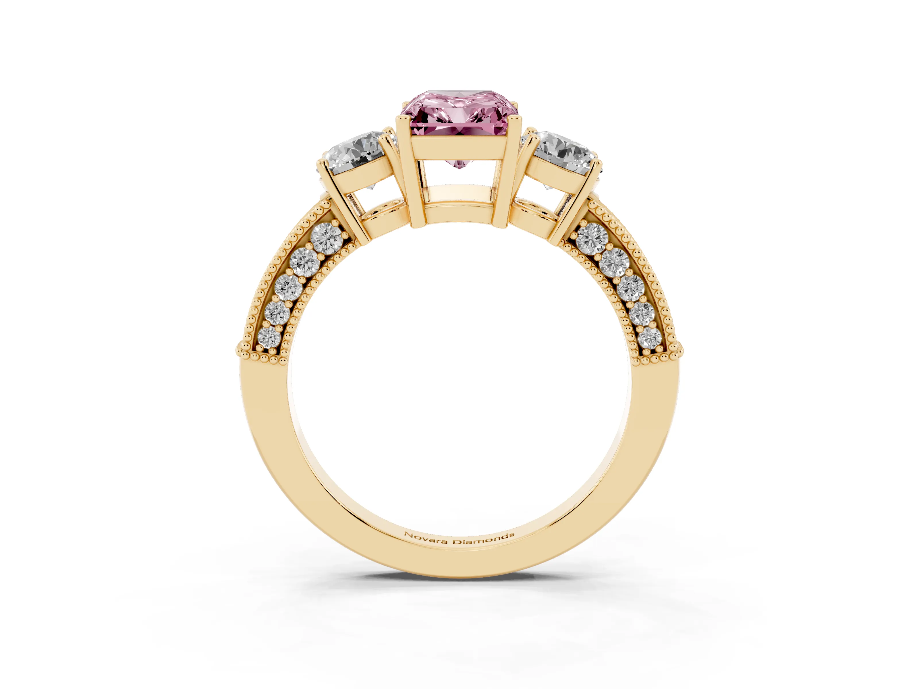 Fancy Pink Radiant Cut Diamond Three-Stone Ring Set in Yellow gold with Round Side Stones and Pavé Band