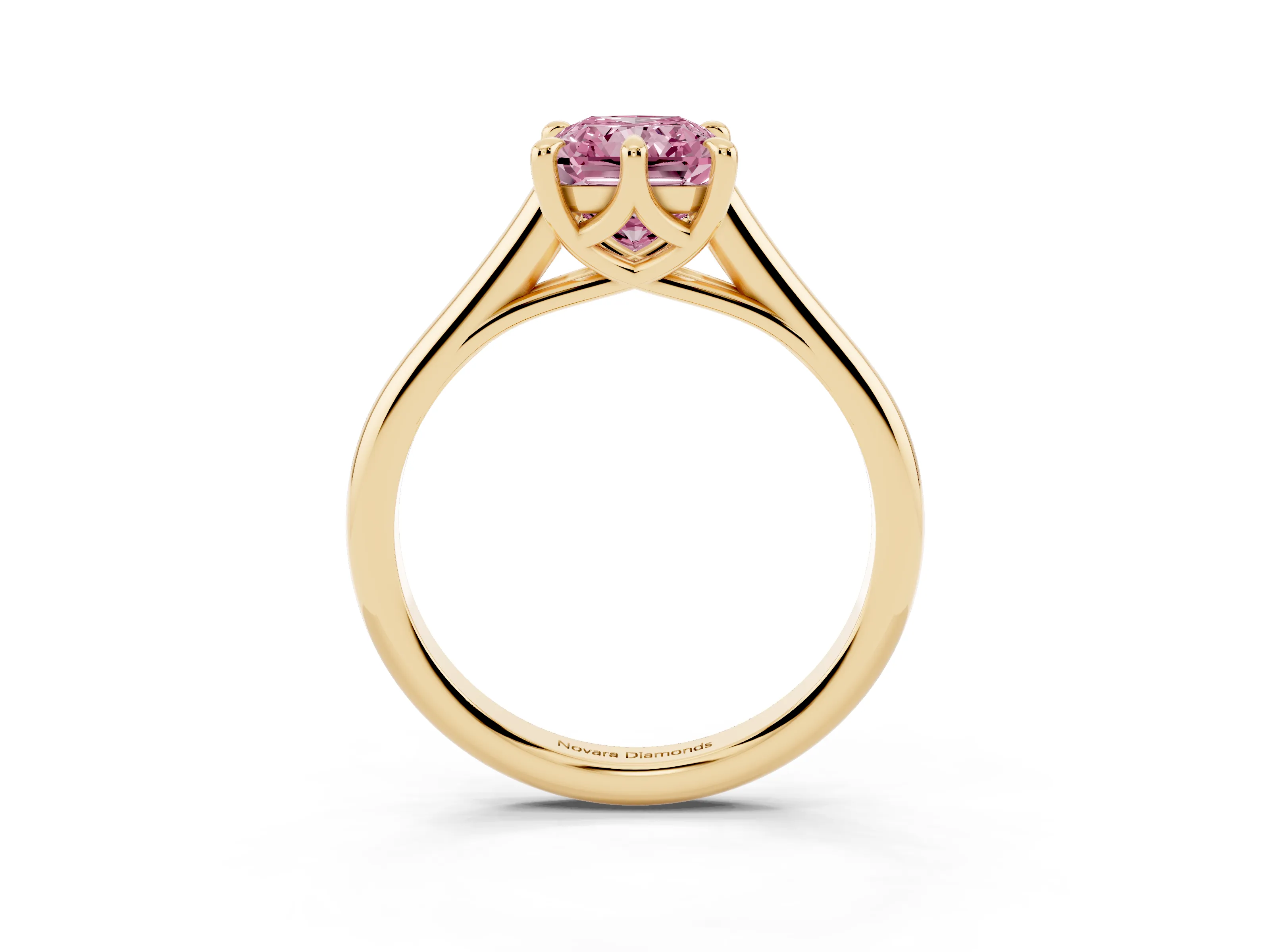 Fancy Pink Radiant Cut Diamond Solitaire Engagement Ring Set in Yellow gold with Prong Setting and Plain Classic Band