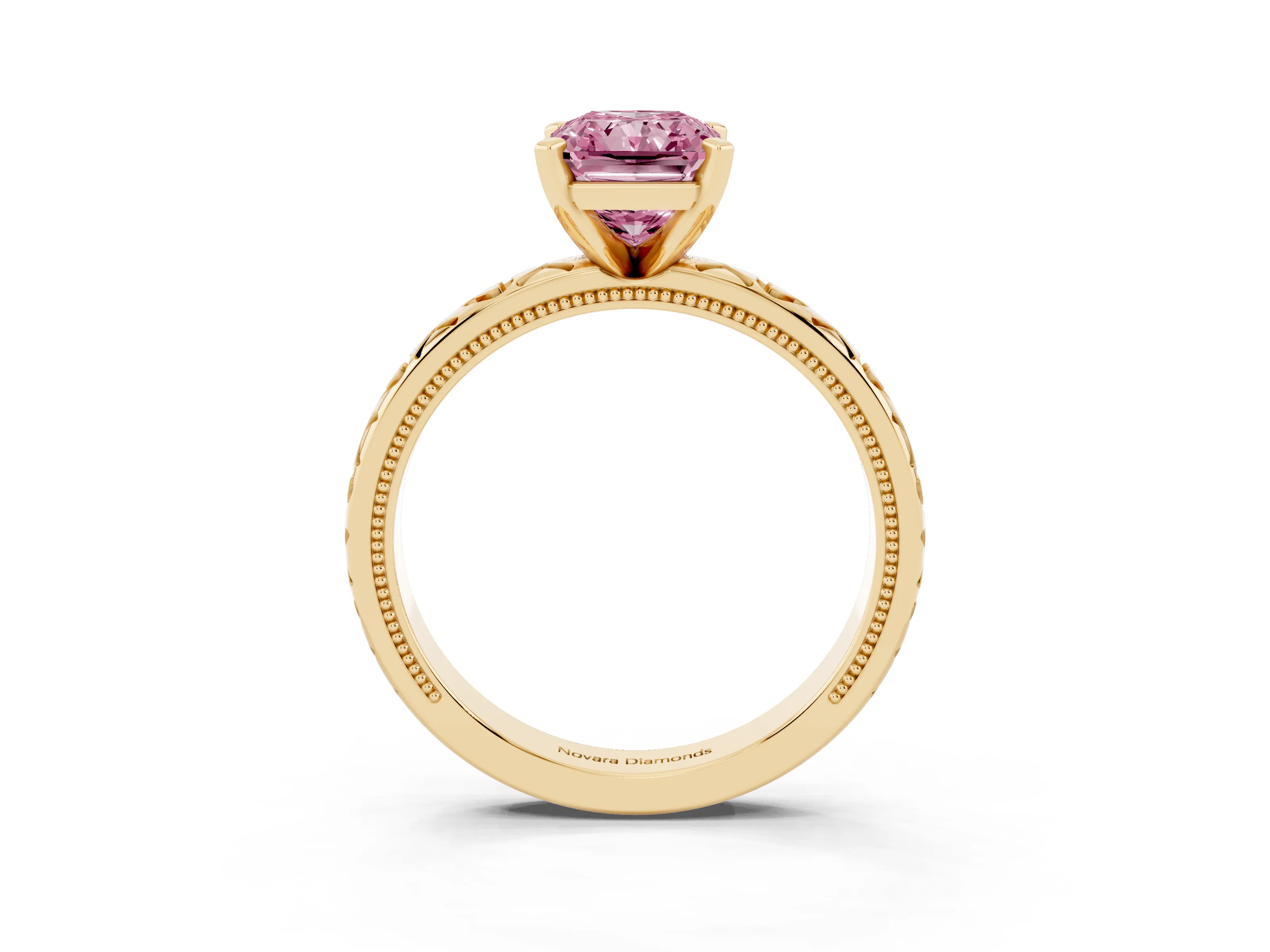 Fancy Pink Radiant Cut Diamond Solitaire Engagement Ring Set in Yellow gold with XO Engraved Band and Prong Setting
