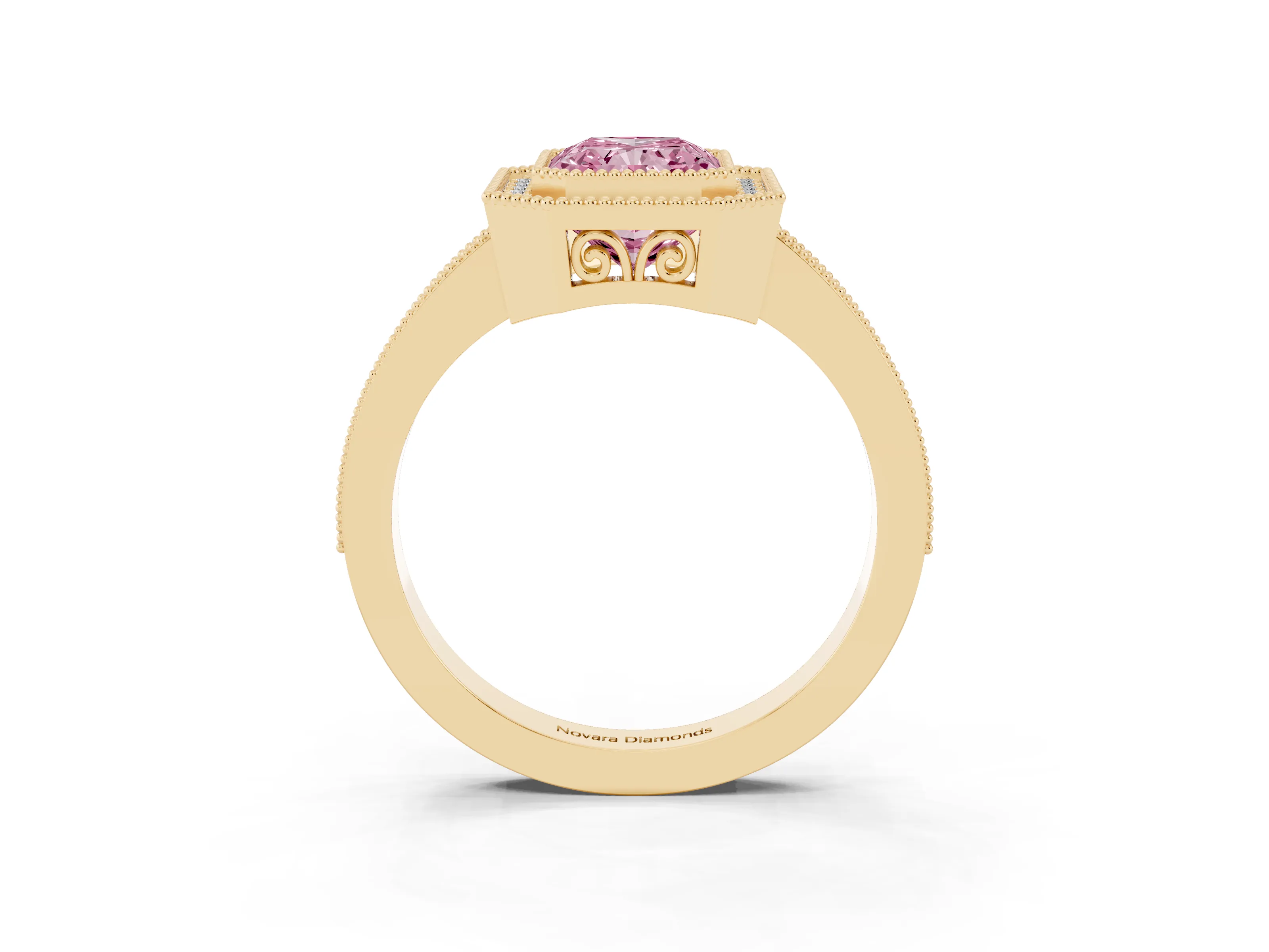 Fancy Pink Radiant Cut Diamond Halo Ring Set in Yellow gold with Pavé Band and Milgrain-Edged Prongs