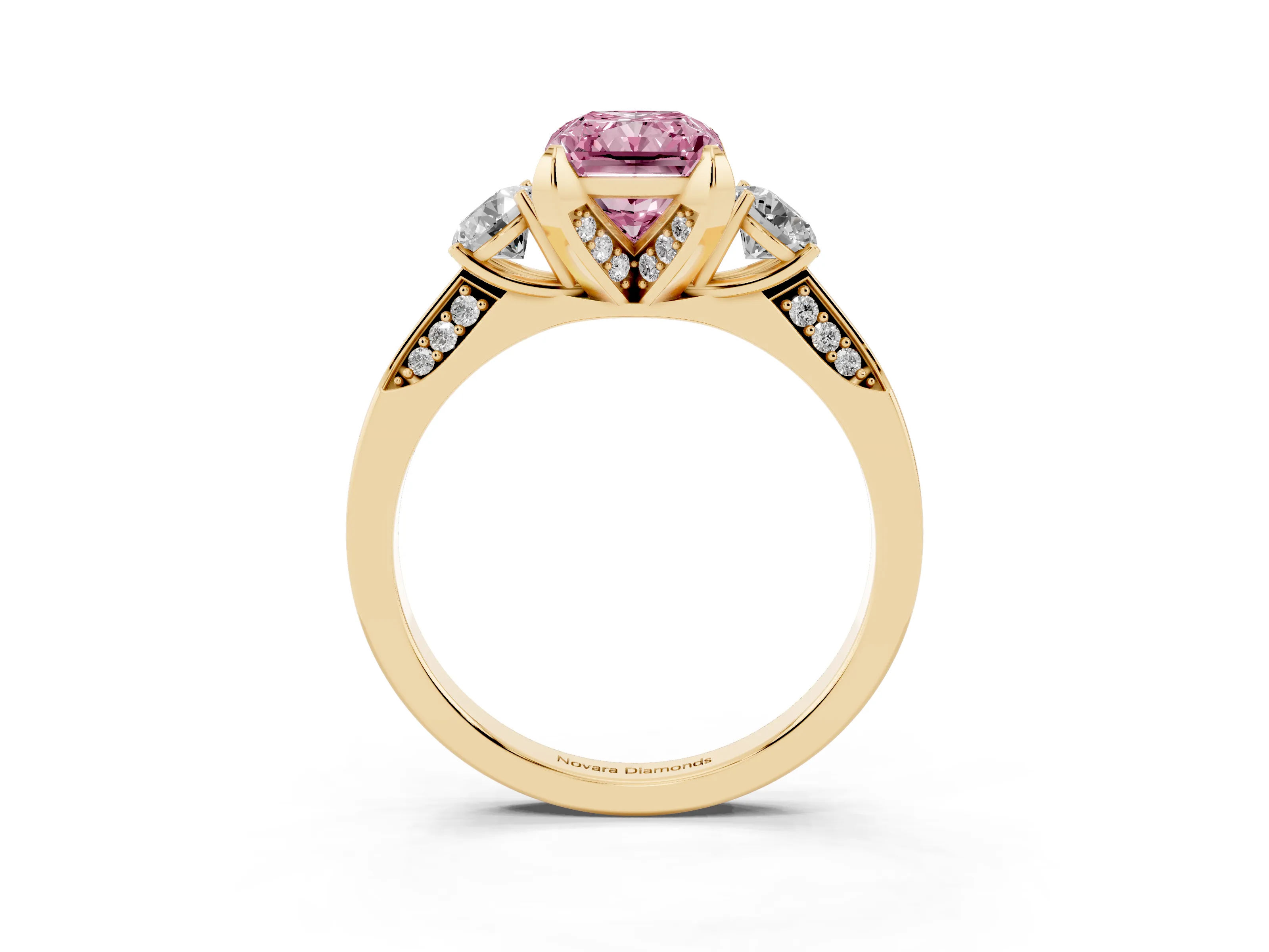 Fancy Pink Radiant Cut Diamond Three-Stone Ring Set in Yellow gold with Pavé Band and Smaller Side Stones