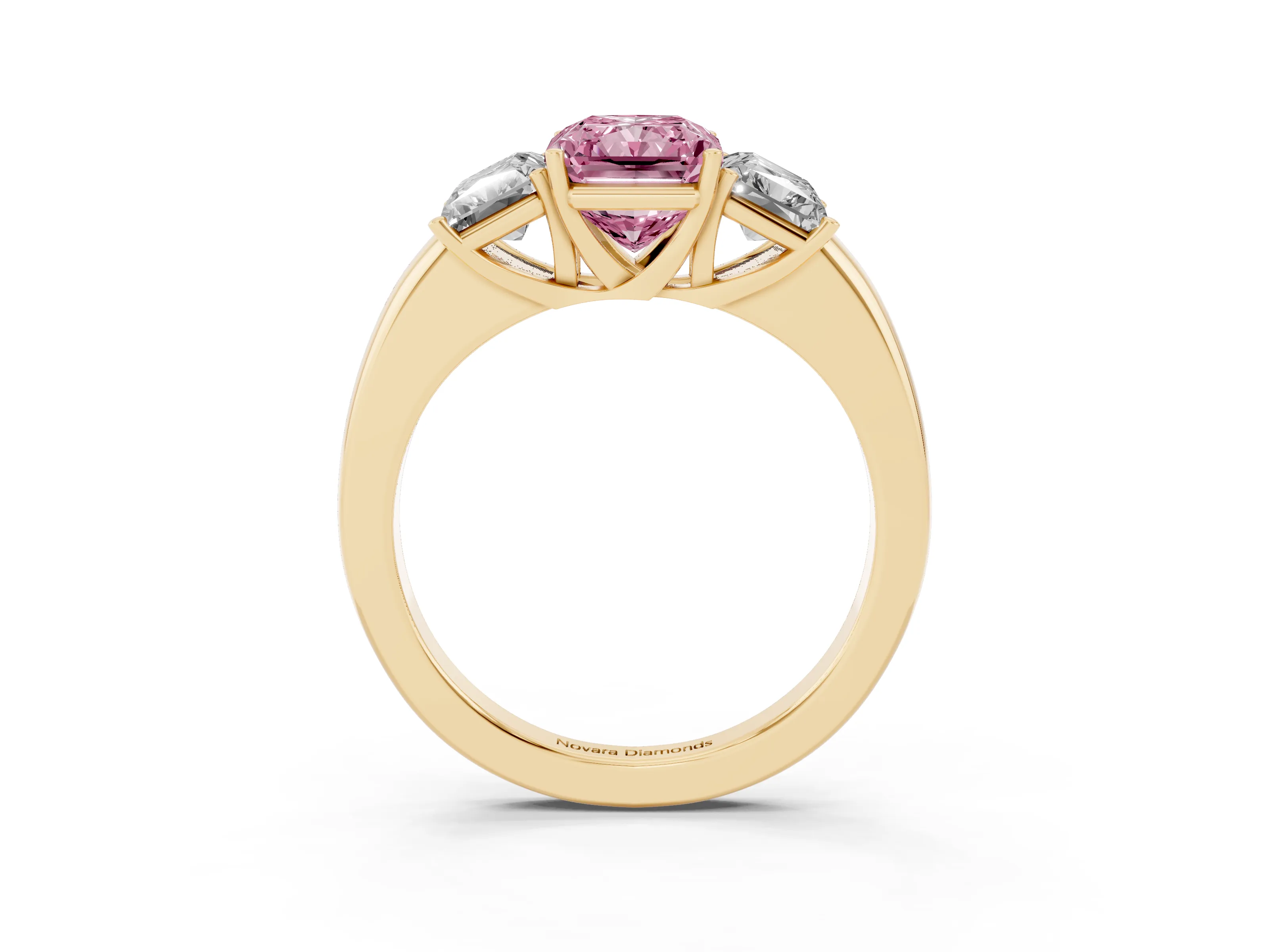 Fancy Pink Radiant Cut Diamond Three-Stone Ring Set in Yellow gold with Bold Center and Classic Band