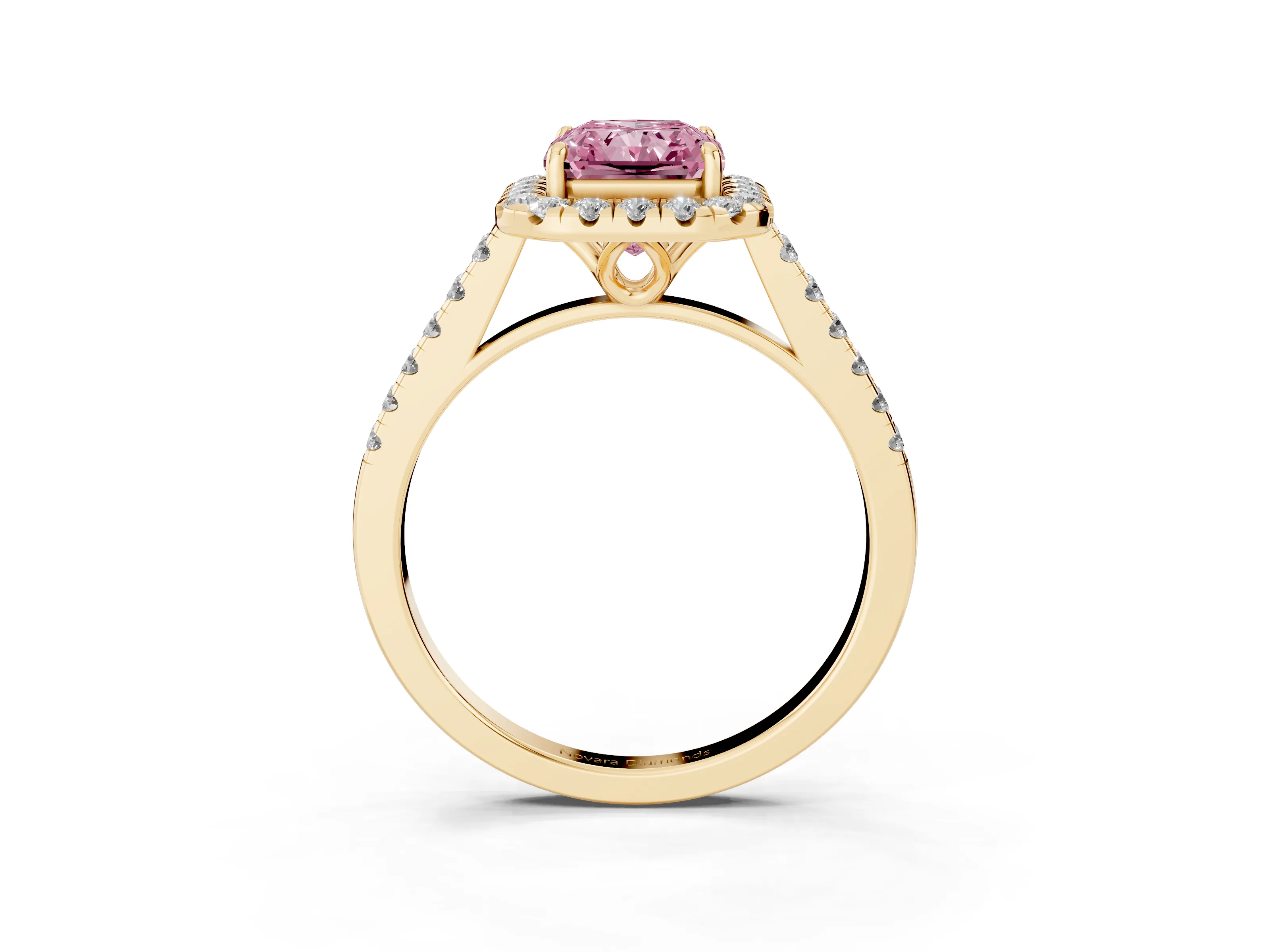 Fancy Pink Radiant Cut Diamond Pavé Halo Engagement Ring Set in Yellow gold with Pavé Band and Prong Setting
