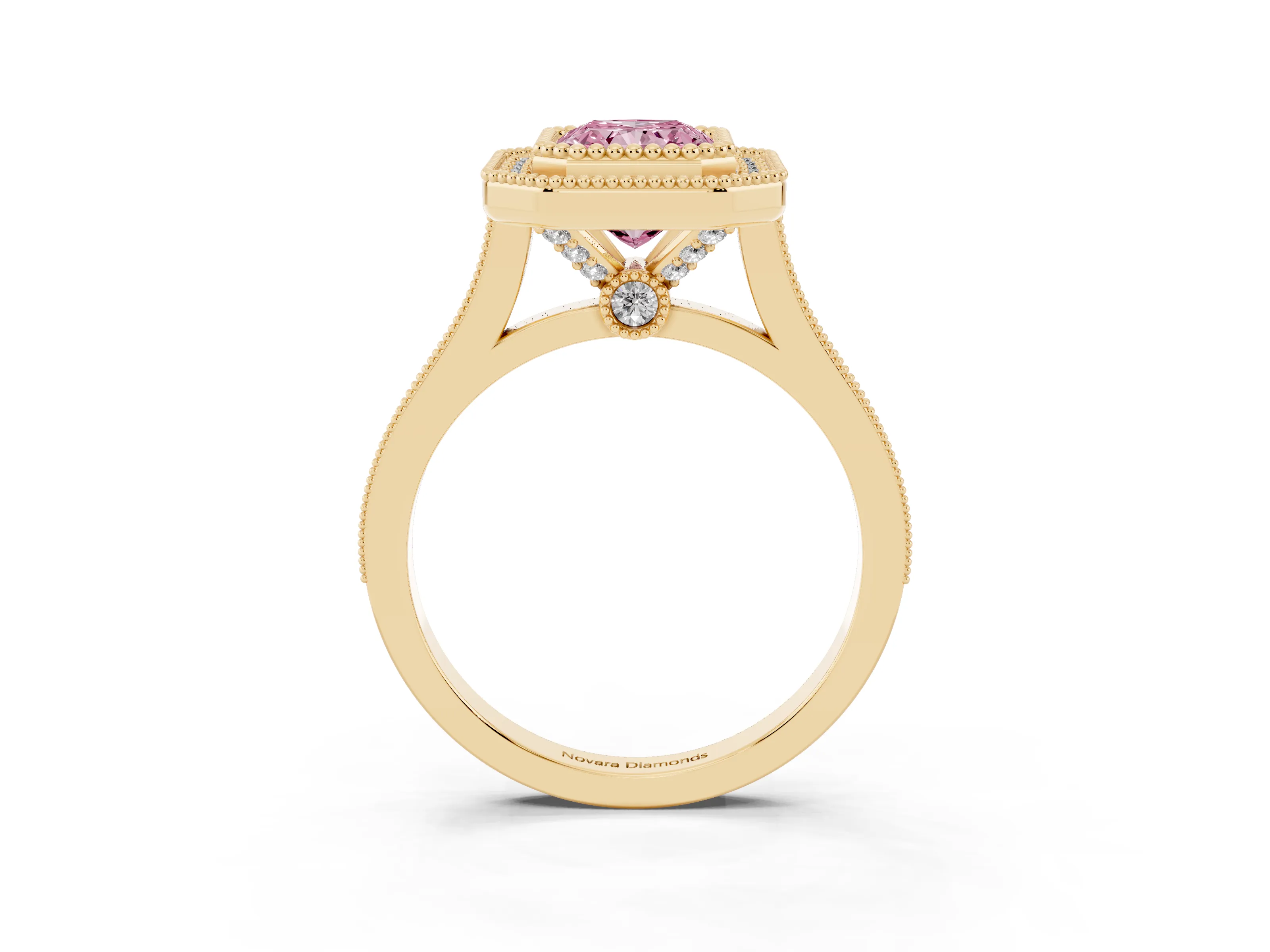 Fancy Pink Radiant Cut Diamond Halo Ring Set in Yellow gold with Milgrain Frame and Pavé Band