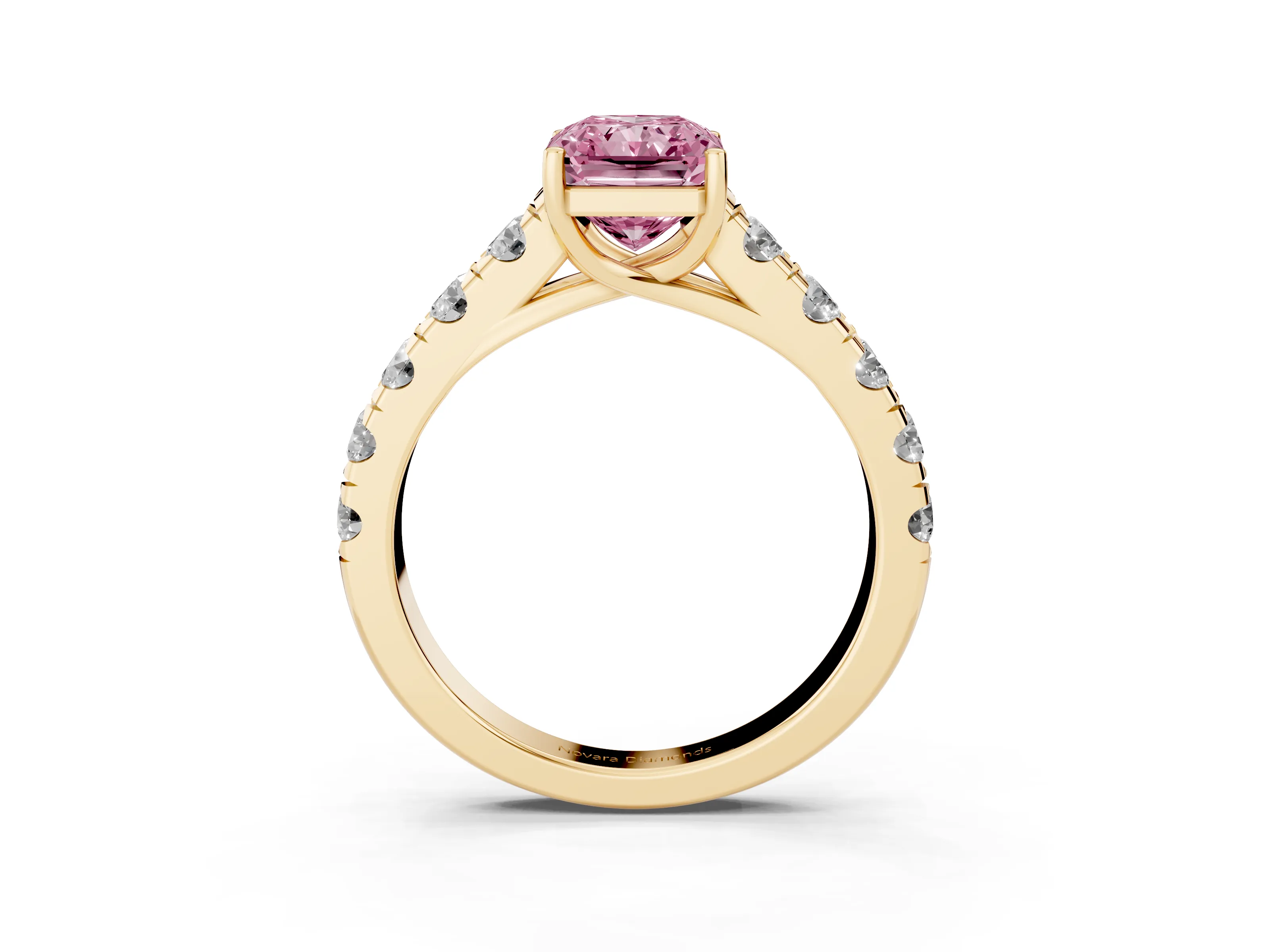 Fancy Pink Radiant Cut Diamond Solitaire Ring Set in Yellow gold with Cut-Down Micro Pavé Band and Prong Setting