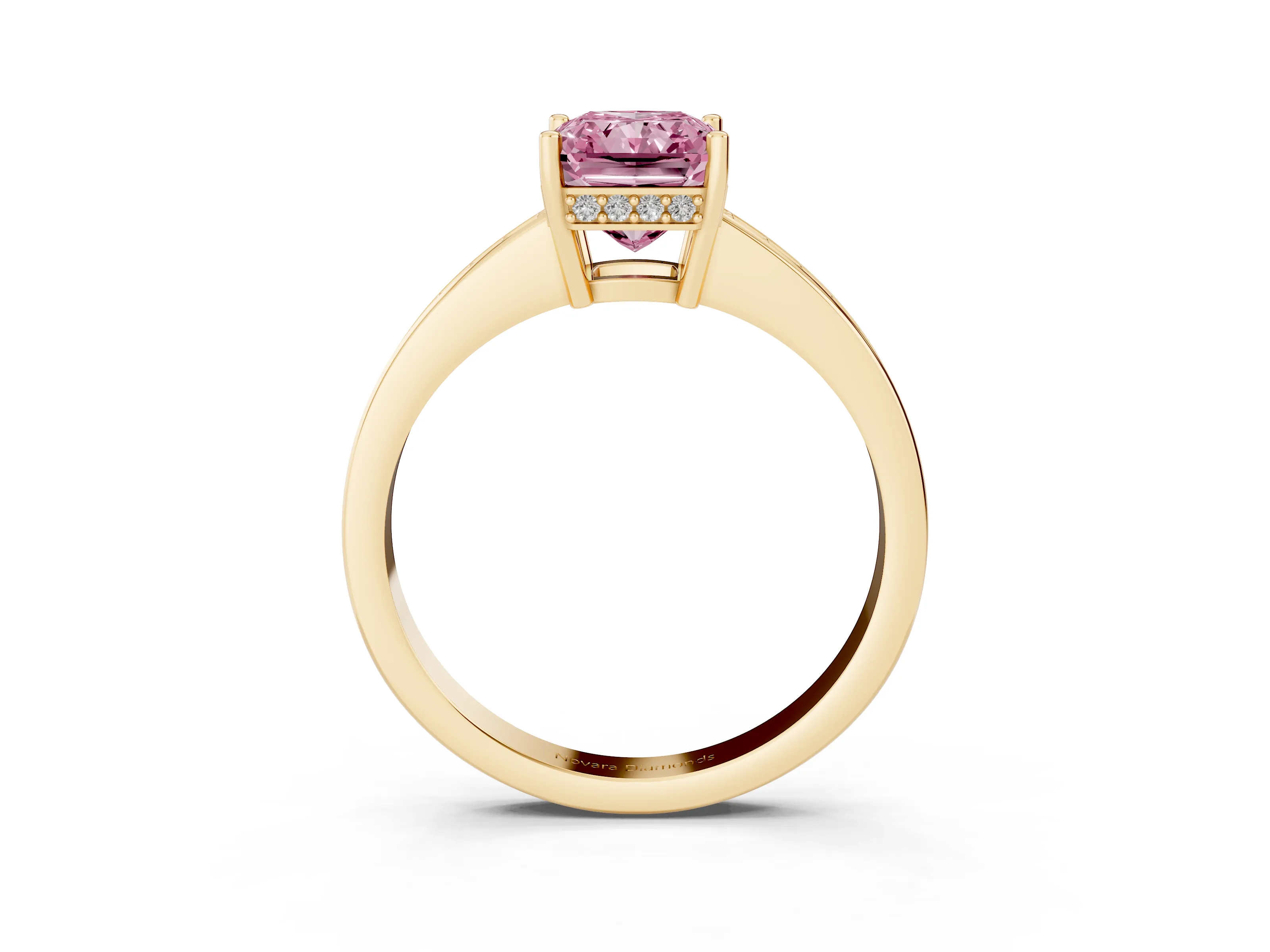 Fancy Pink Radiant Cut Diamond Pavé Band Prong Set Solitaire Ring Set in Yellow gold