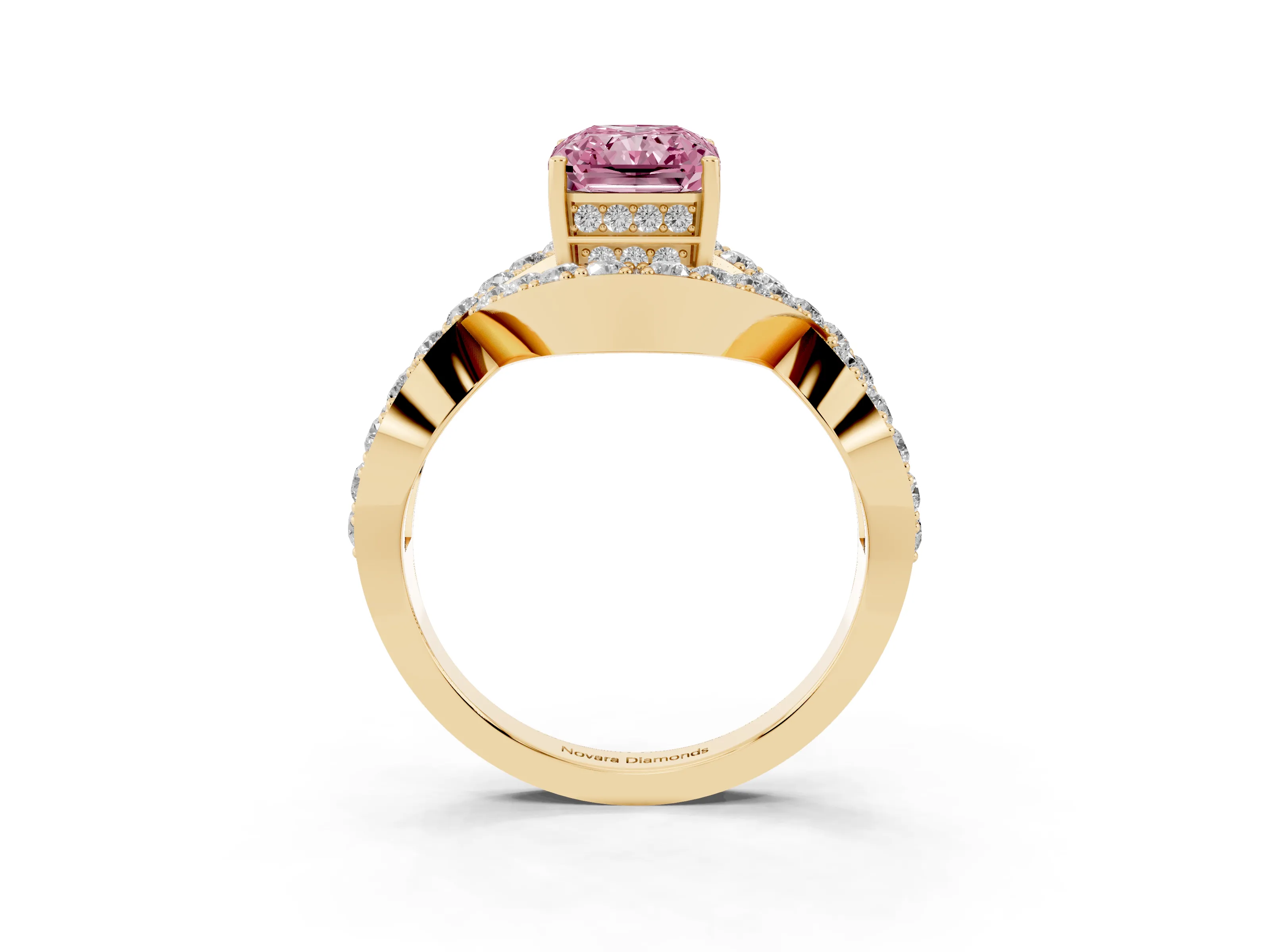Fancy Pink Radiant Cut Diamond Solitaire Twist Band Pavé Engagement Ring Set in Yellow gold