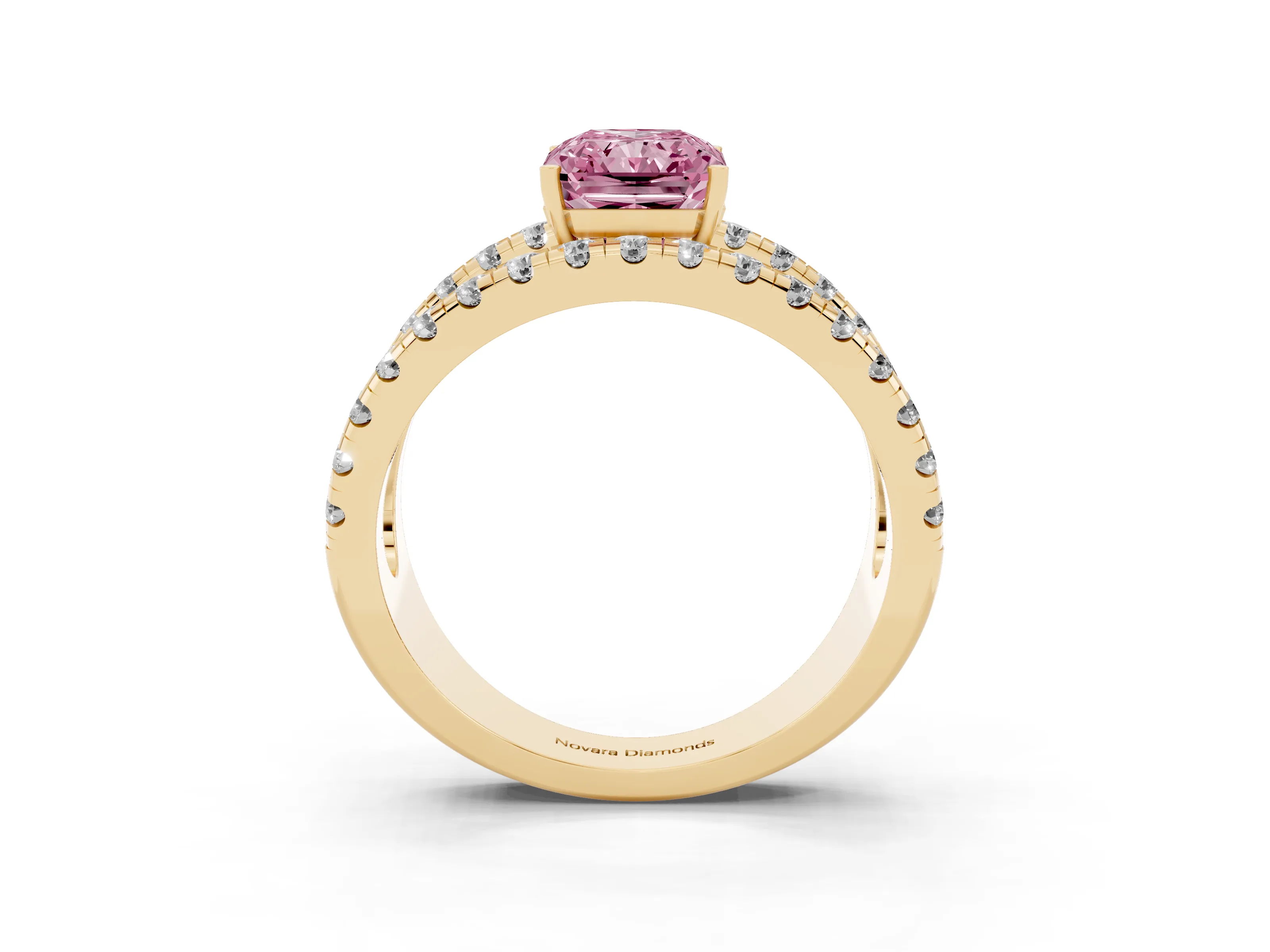 Fancy Pink Radiant Cut Diamond Split Shank Pavé Solitaire Ring Set in Yellow gold with Open Shank Design