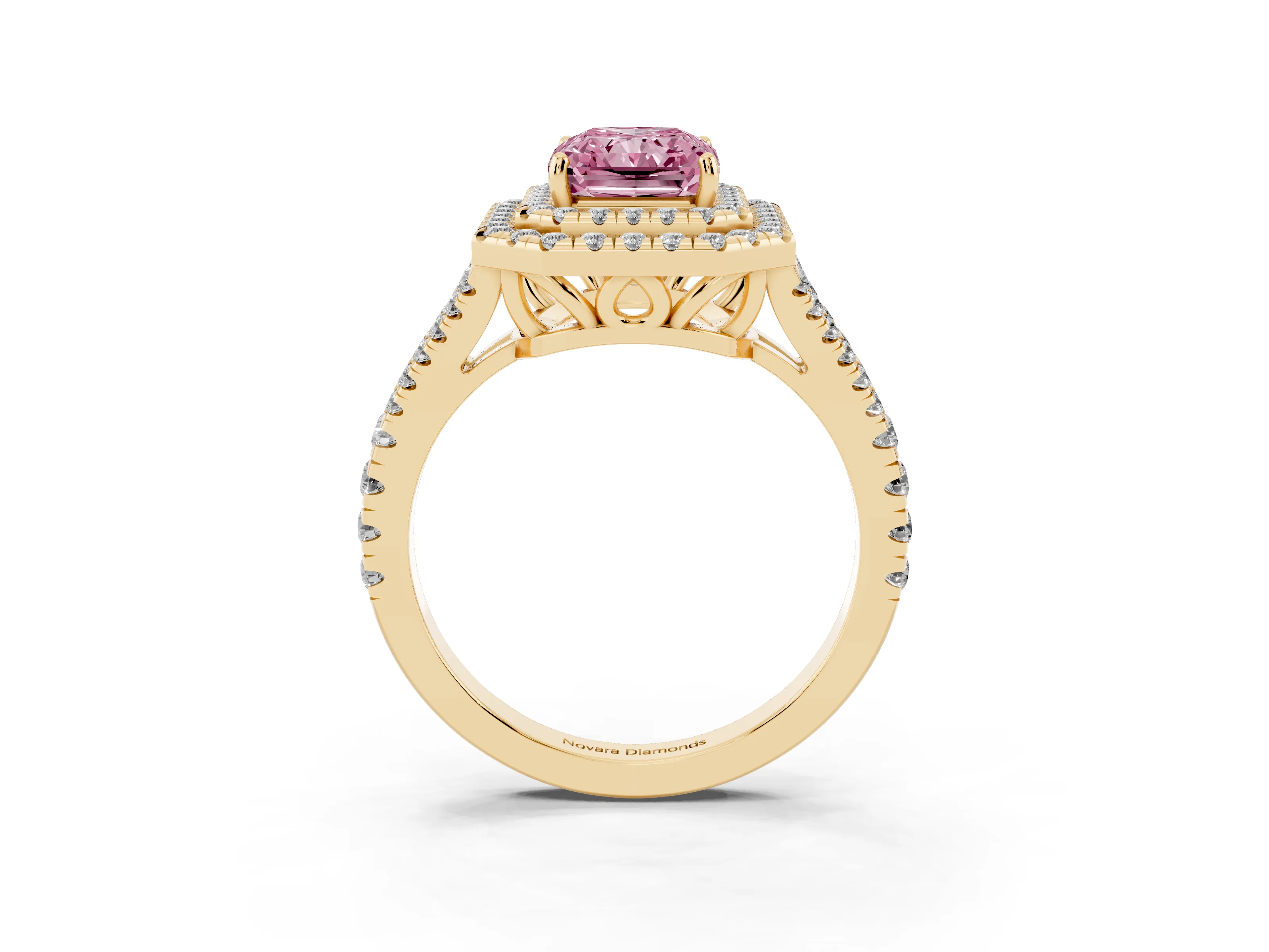 Fancy Pink Radiant Cut Diamond Double Halo Ring Set in Yellow gold with Pavé Band