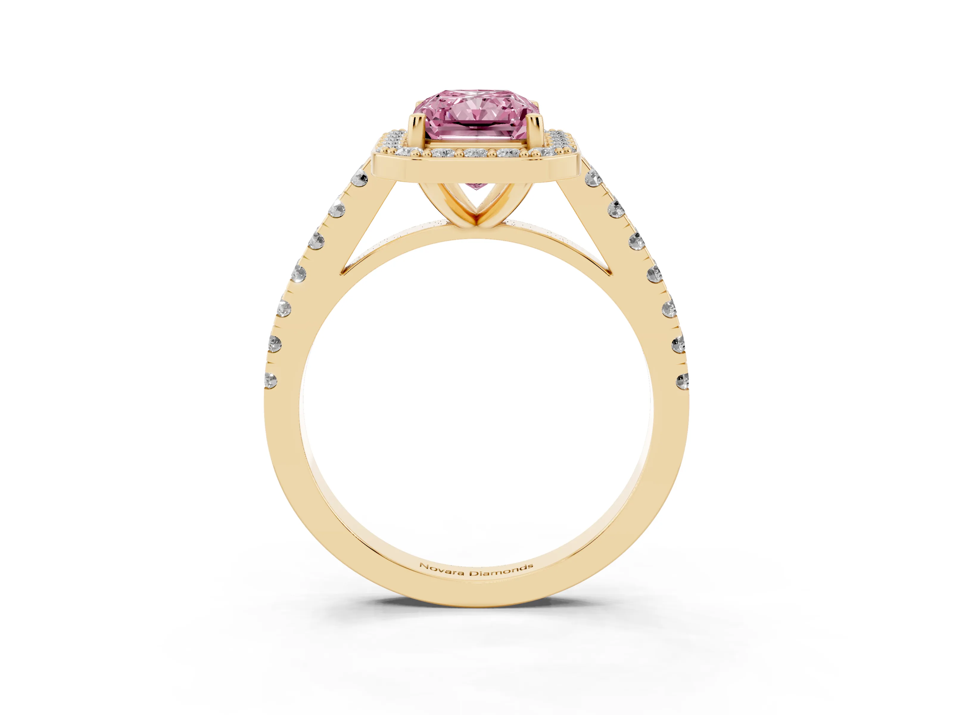Fancy Pink Radiant Cut Diamond Halo Ring Set in Yellow gold with Round Pavé Split Shank and Prong Setting