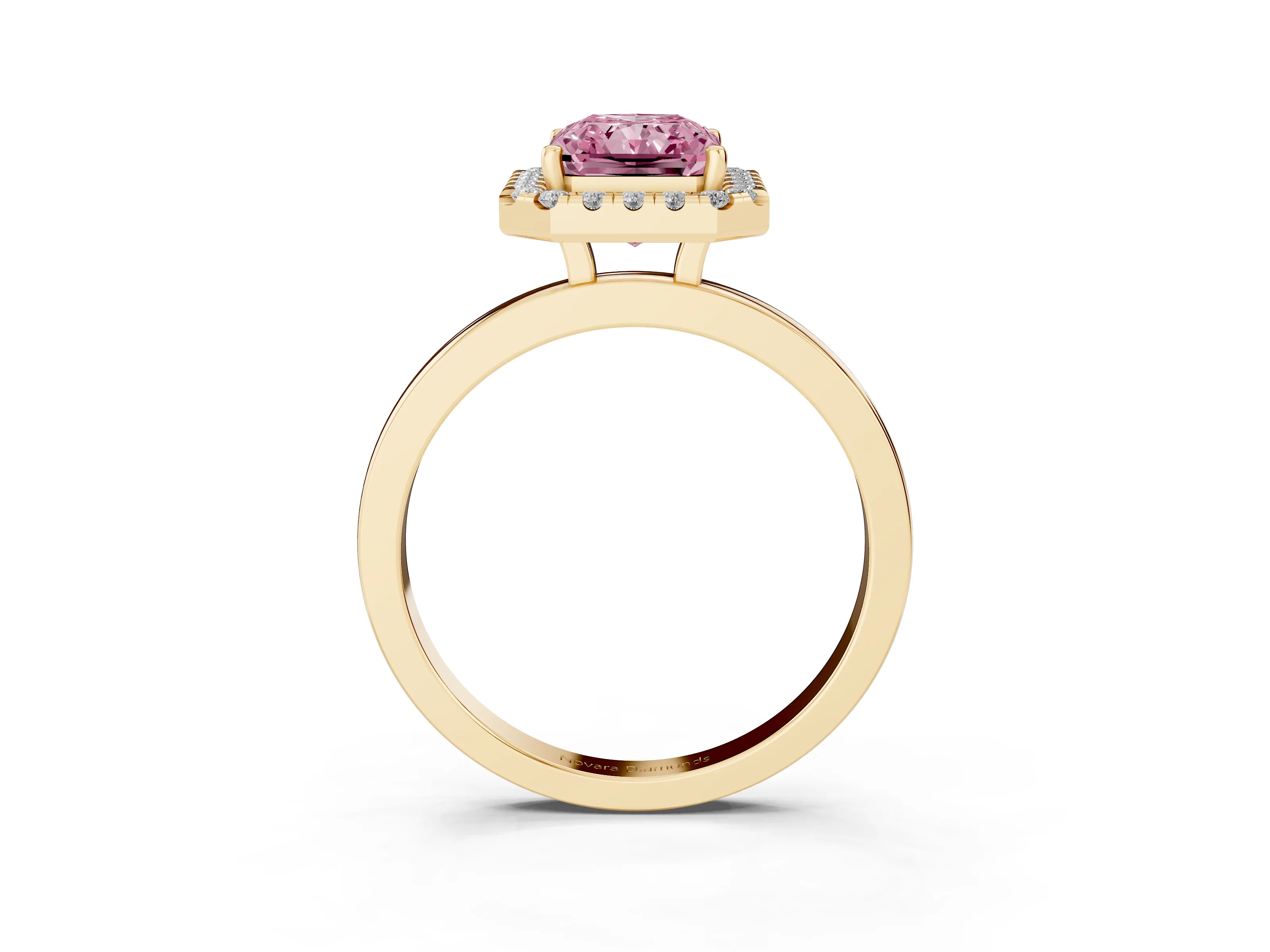Fancy Pink Radiant Cut Diamond Halo Solitaire Ring Set in Yellow gold with Pavé Band and Prong Setting