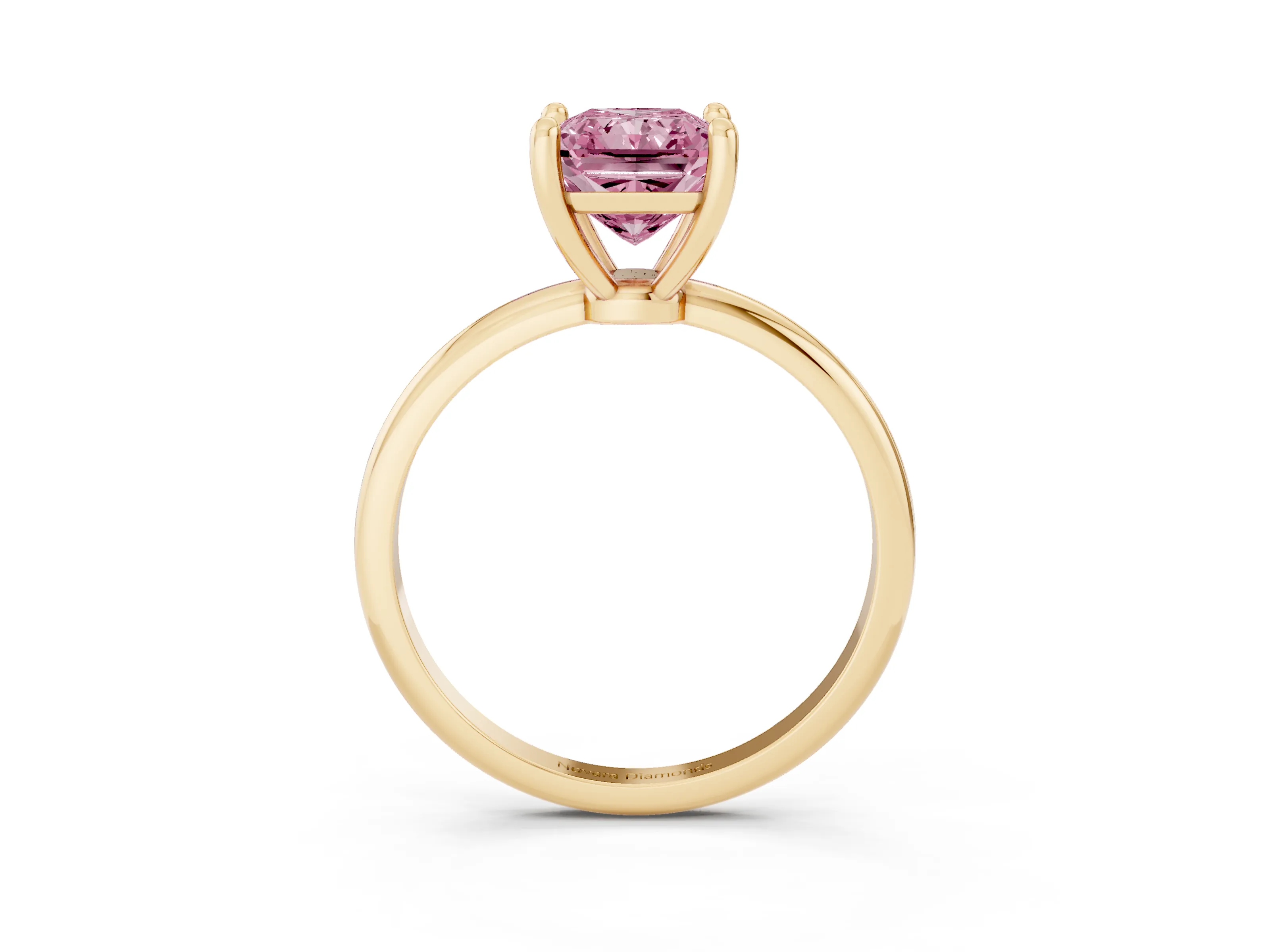 Fancy Pink Radiant Cut Diamond Solitaire Ring Set in Yellow gold with Secure Prong Setting on a Classic Band