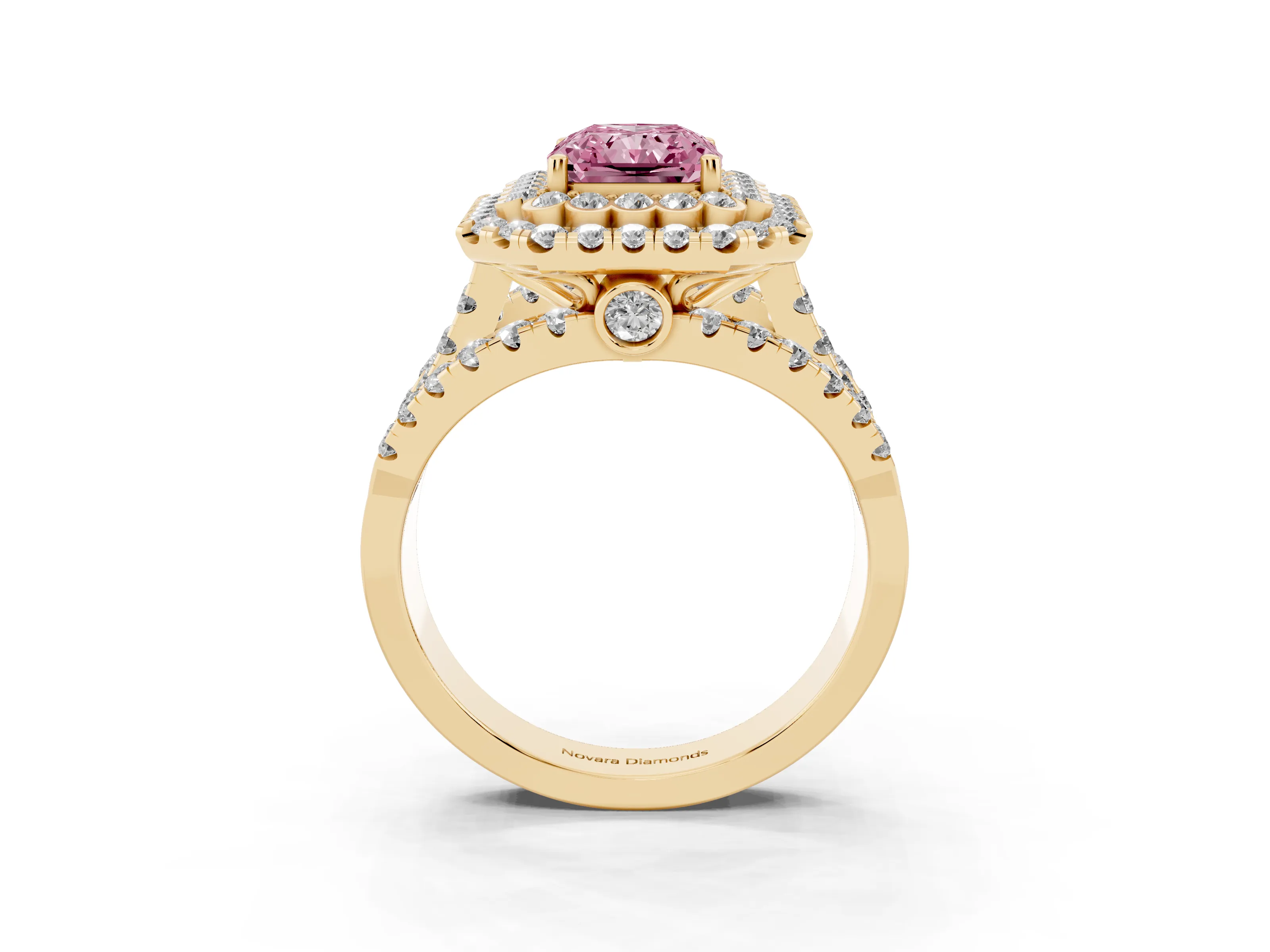 Fancy Pink Radiant Cut Diamond Double Halo Ring Set in Yellow gold with Round Pavé Split Shank