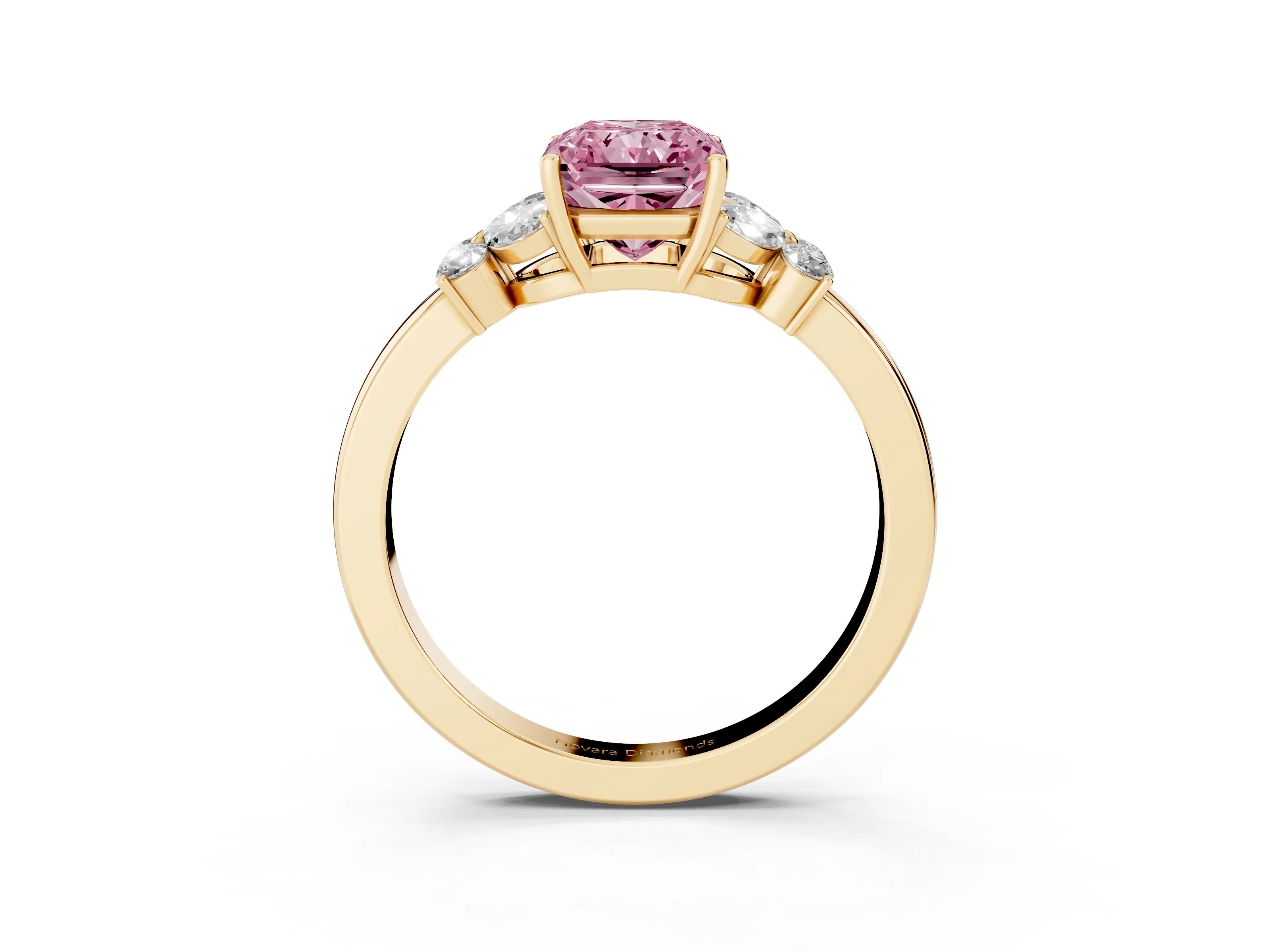 Fancy Pink Radiant Cut Diamond Solitaire Floral Ring Set in Yellow gold with Marquise Petals and Prong Setting