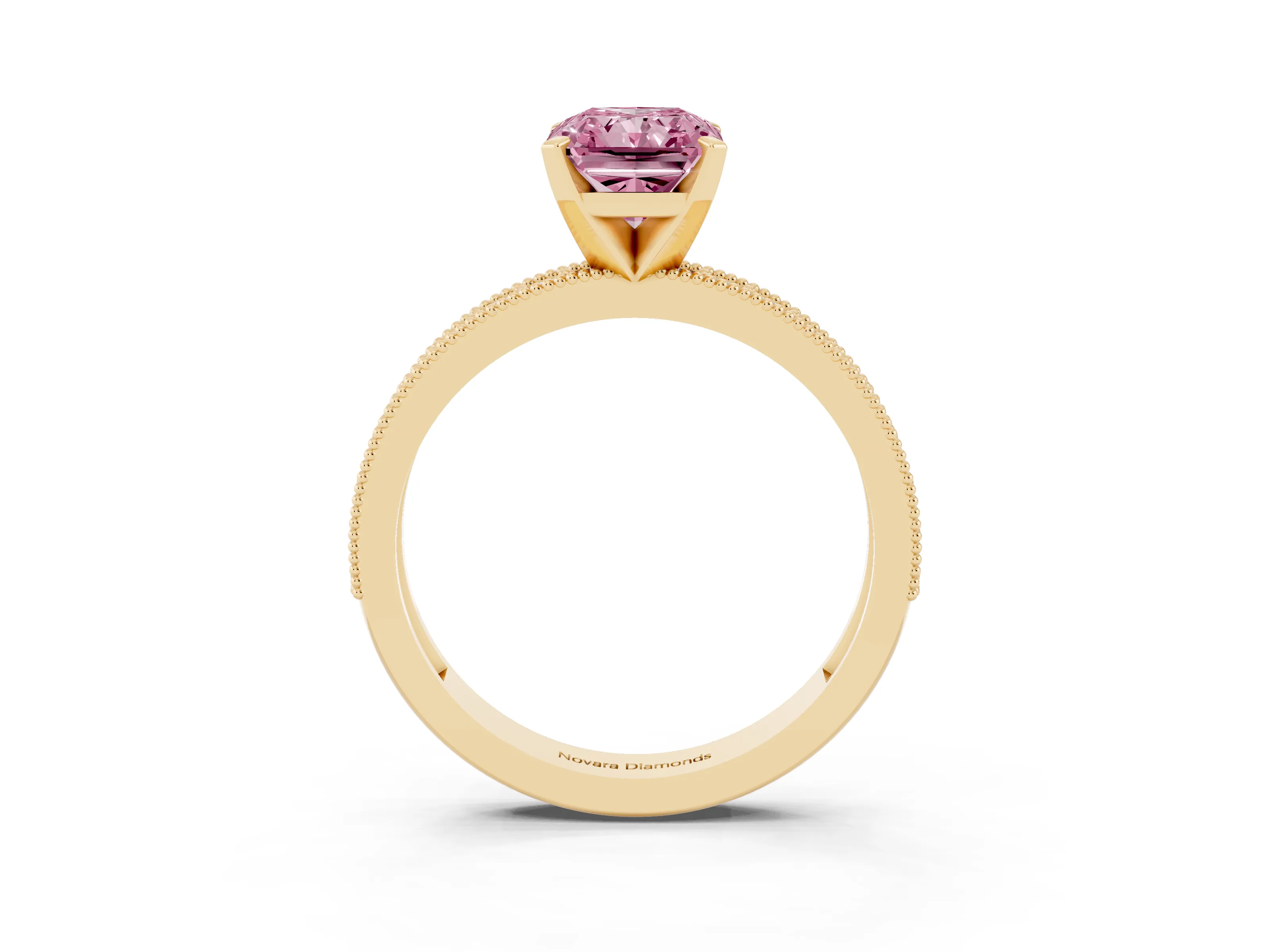 Fancy Pink Radiant Cut Diamond Milgrain Pavé Engagement Ring Set in Yellow gold with Prong Setting
