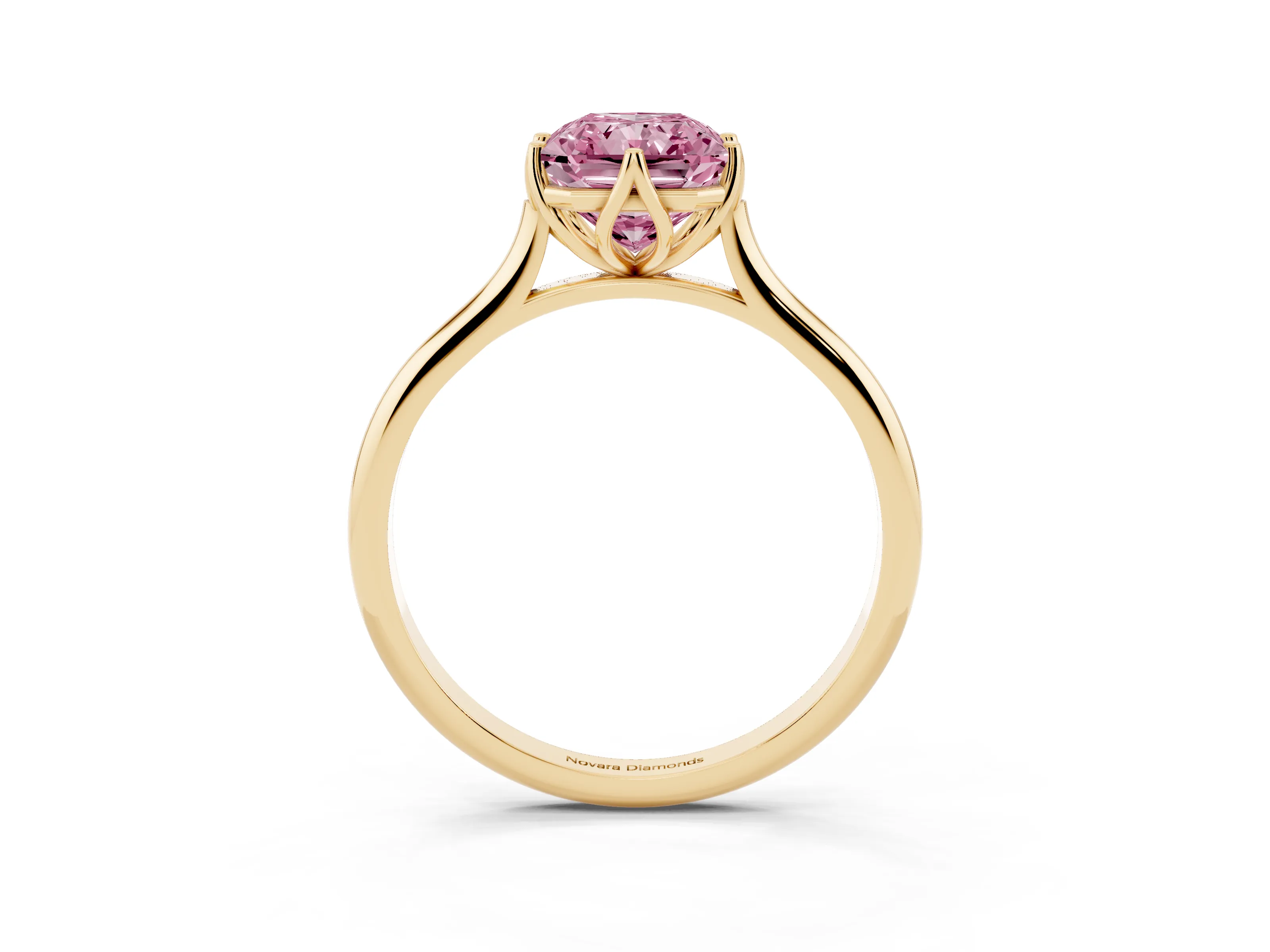 Fancy Pink Radiant Cut Diamond Solitaire Cathedral Ring Set in Yellow gold with Prong Setting