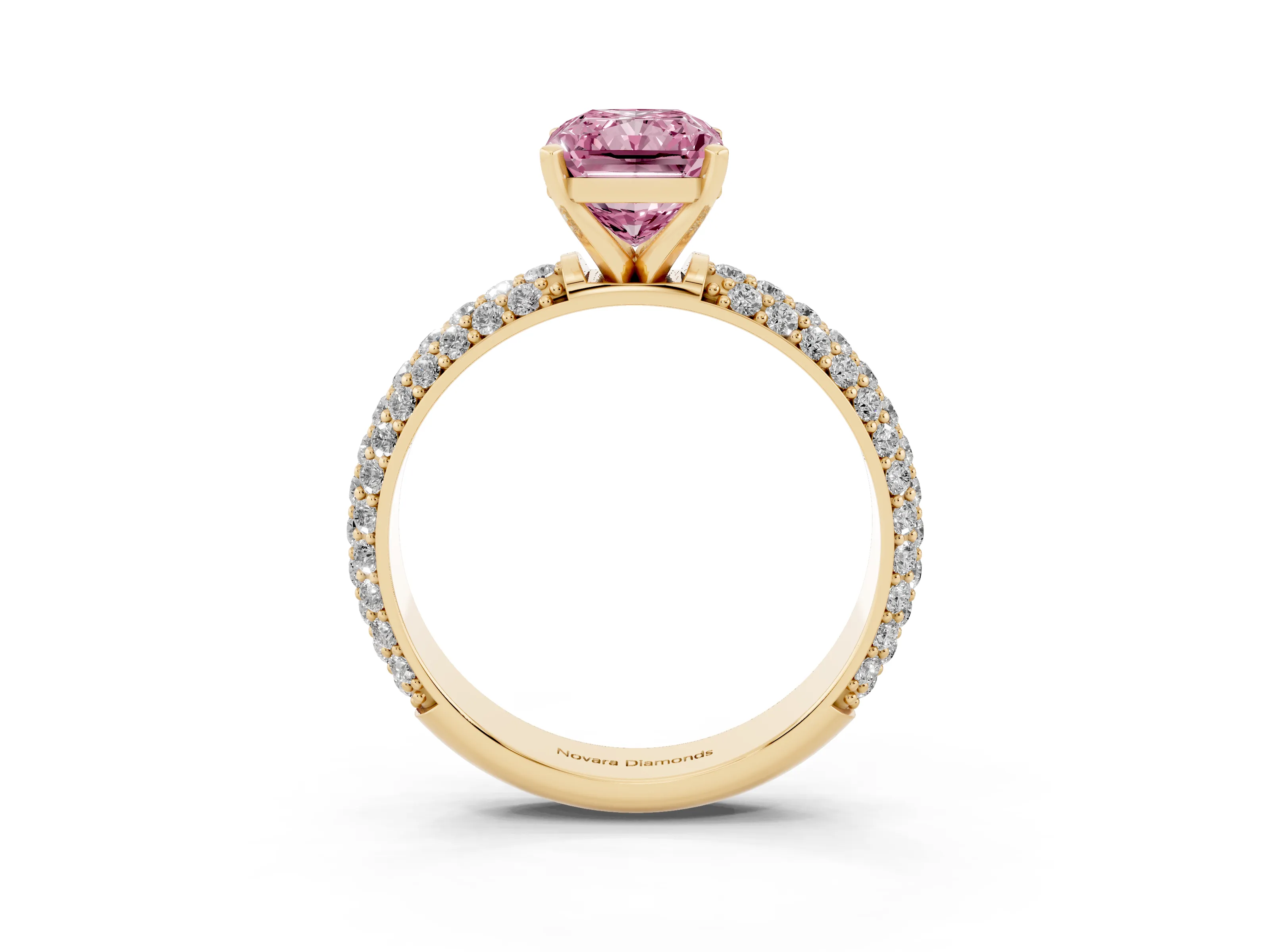 Fancy Pink Radiant Cut Diamond Solitaire Ring Set in Yellow gold with Prong Setting and Pavé-Set Band