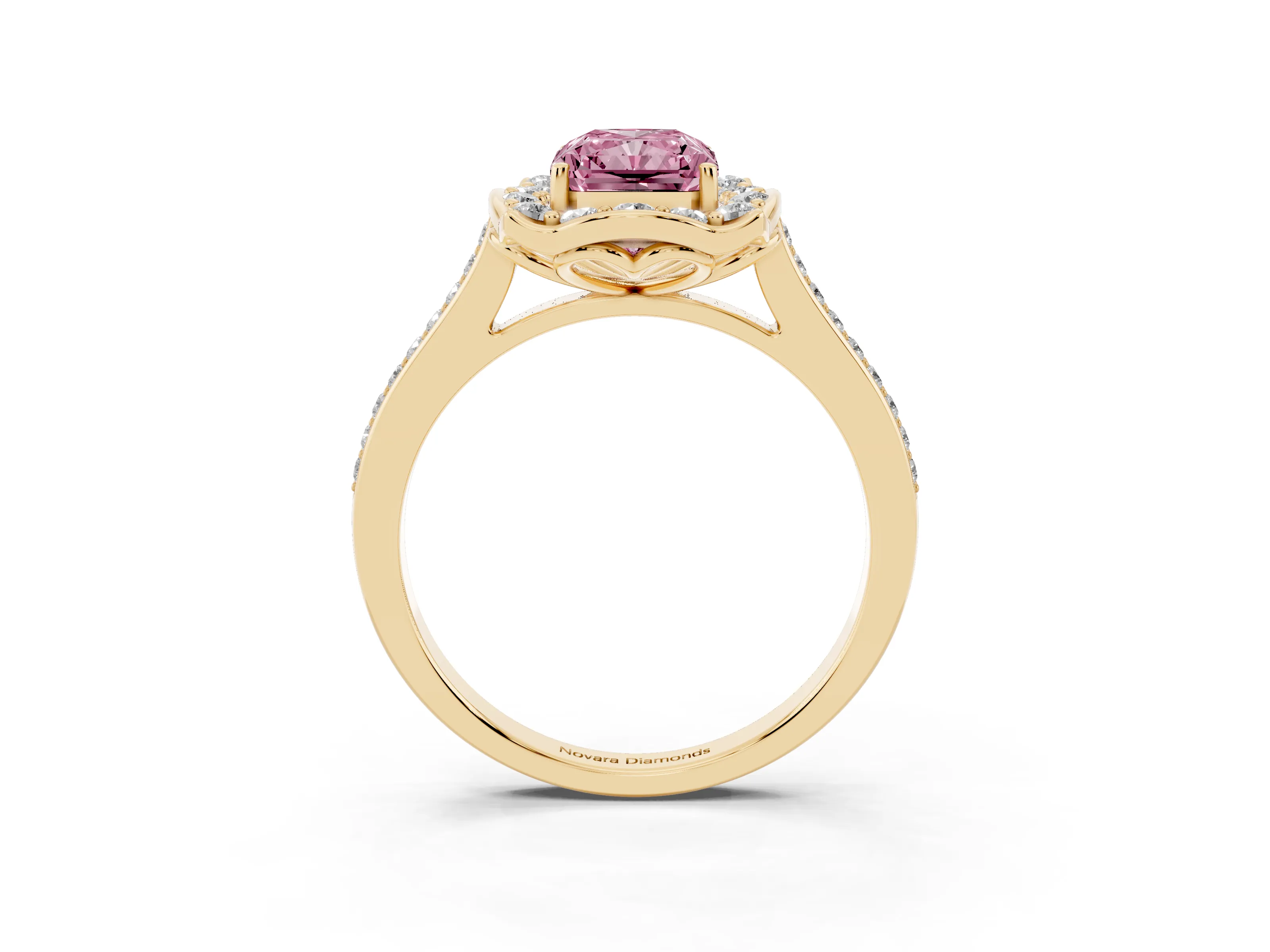 Fancy Pink Radiant Cut Diamond Halo Ring Set in Yellow gold with Pavé-Lined Shoulders and Prong Setting