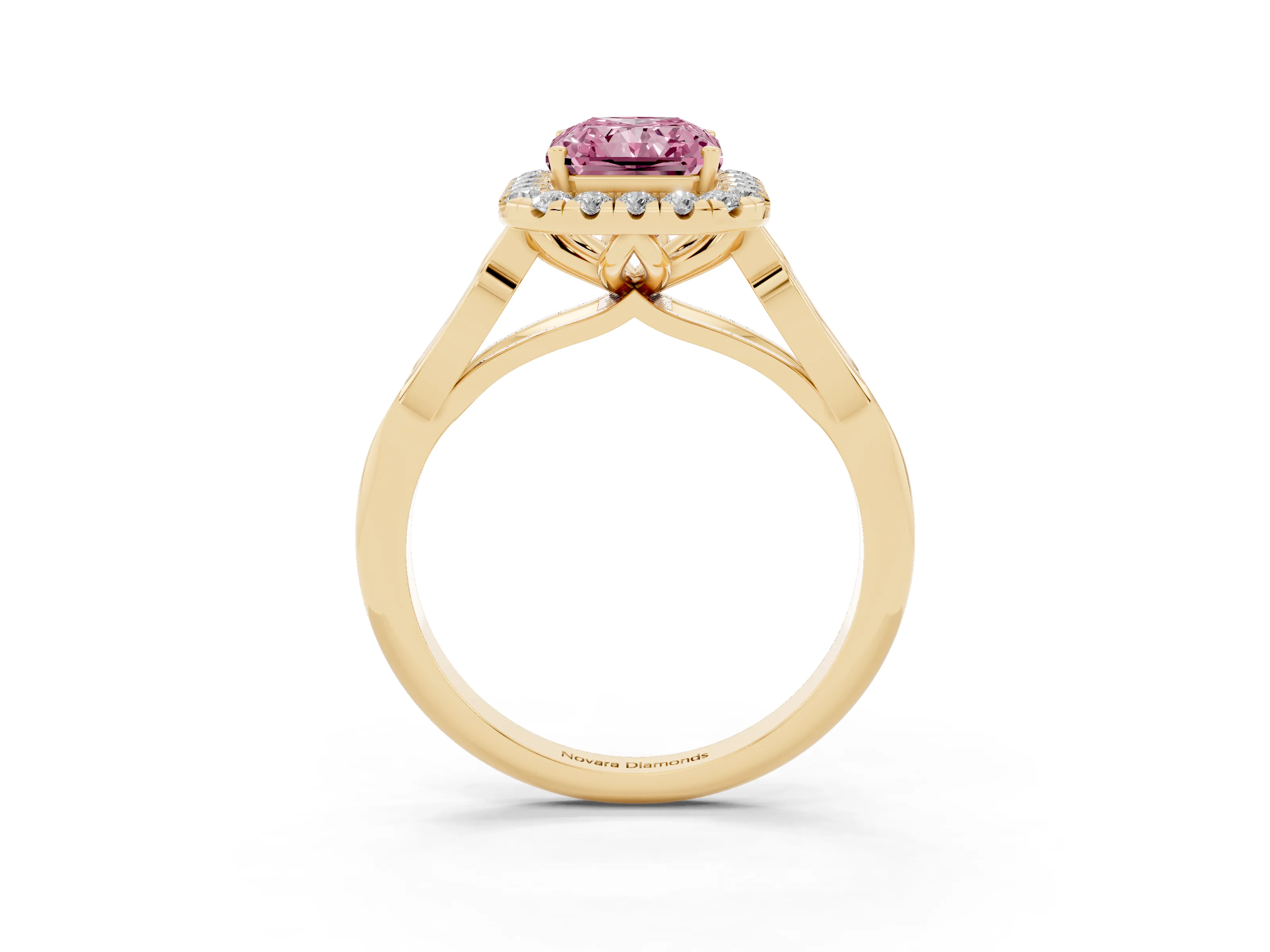 Fancy Pink Radiant Cut Diamond Halo Engagement Ring Set in Yellow gold with Filigree Band and Prong-Set Center