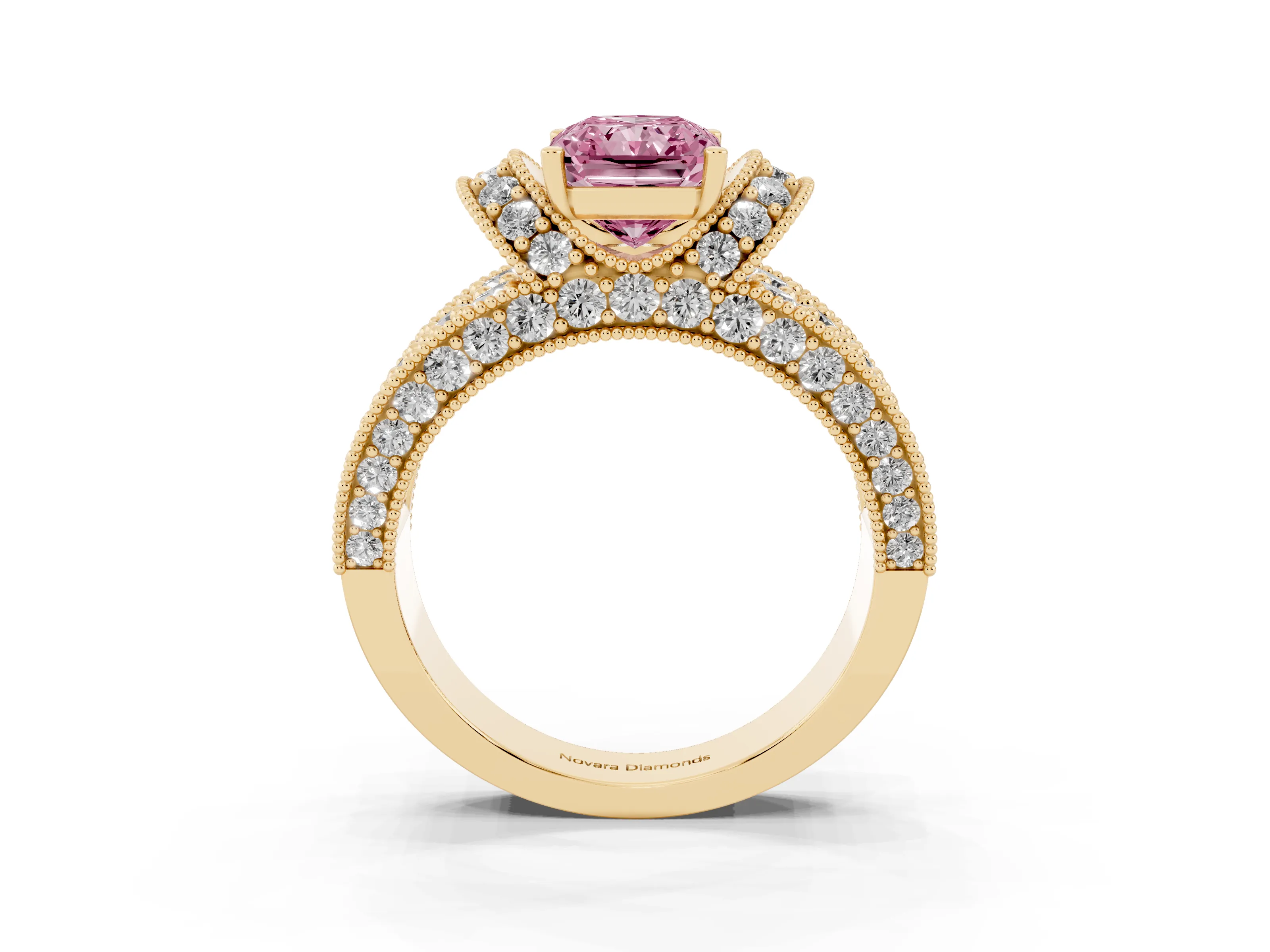 Fancy Pink Radiant Cut Diamond Milgrain Halo Pavé Engagement Ring Set in Yellow gold with Prong Setting