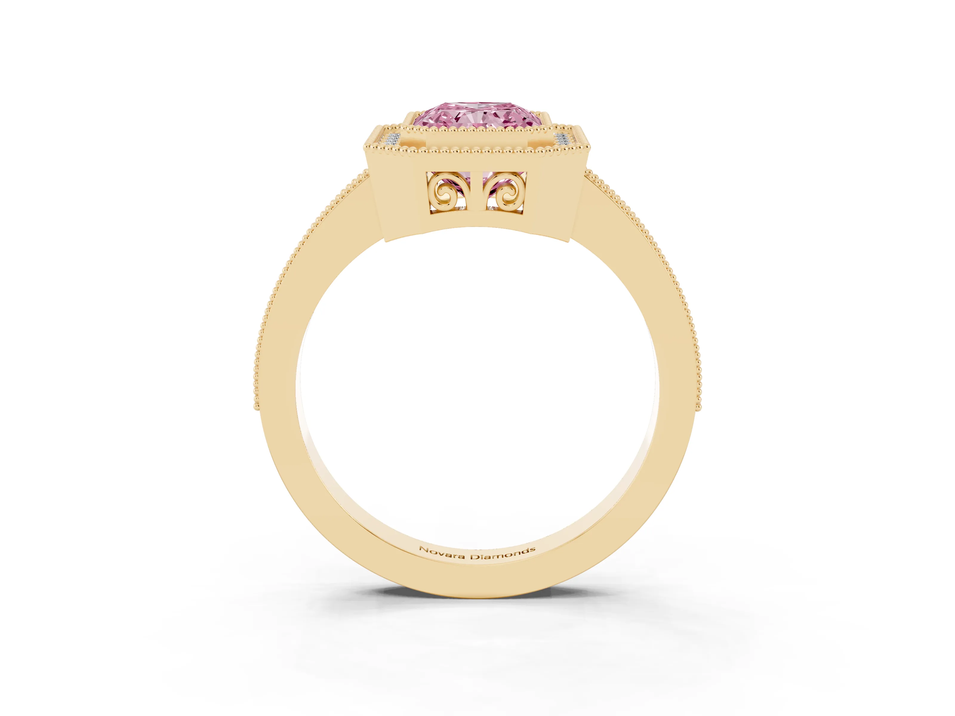 Fancy Pink Radiant Cut Diamond Round Halo Ring Set in Yellow gold with Pavé Band