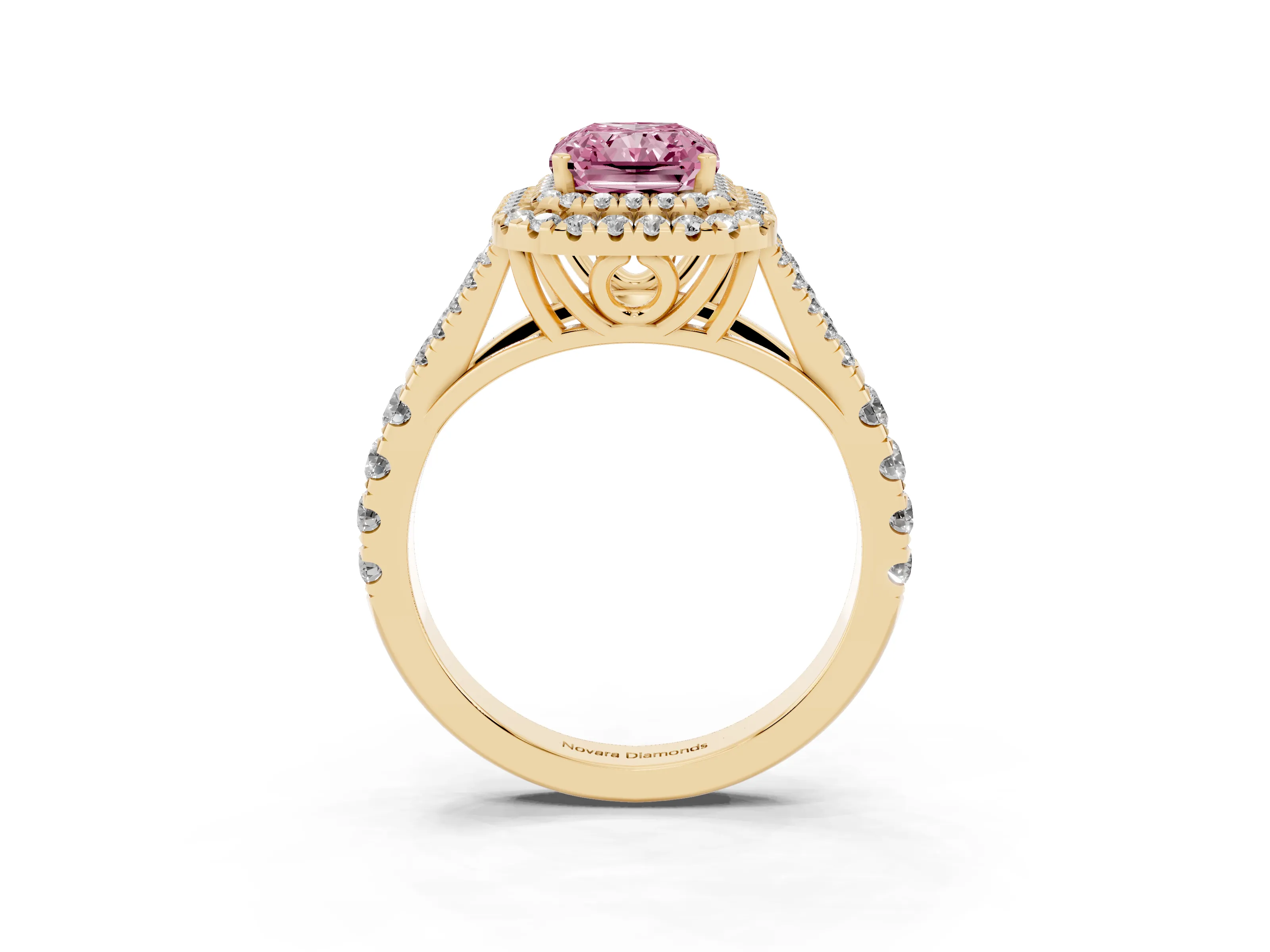 Fancy Pink Radiant Cut Diamond Pavé Split Shank Double Halo Engagement Ring Set in Yellow gold