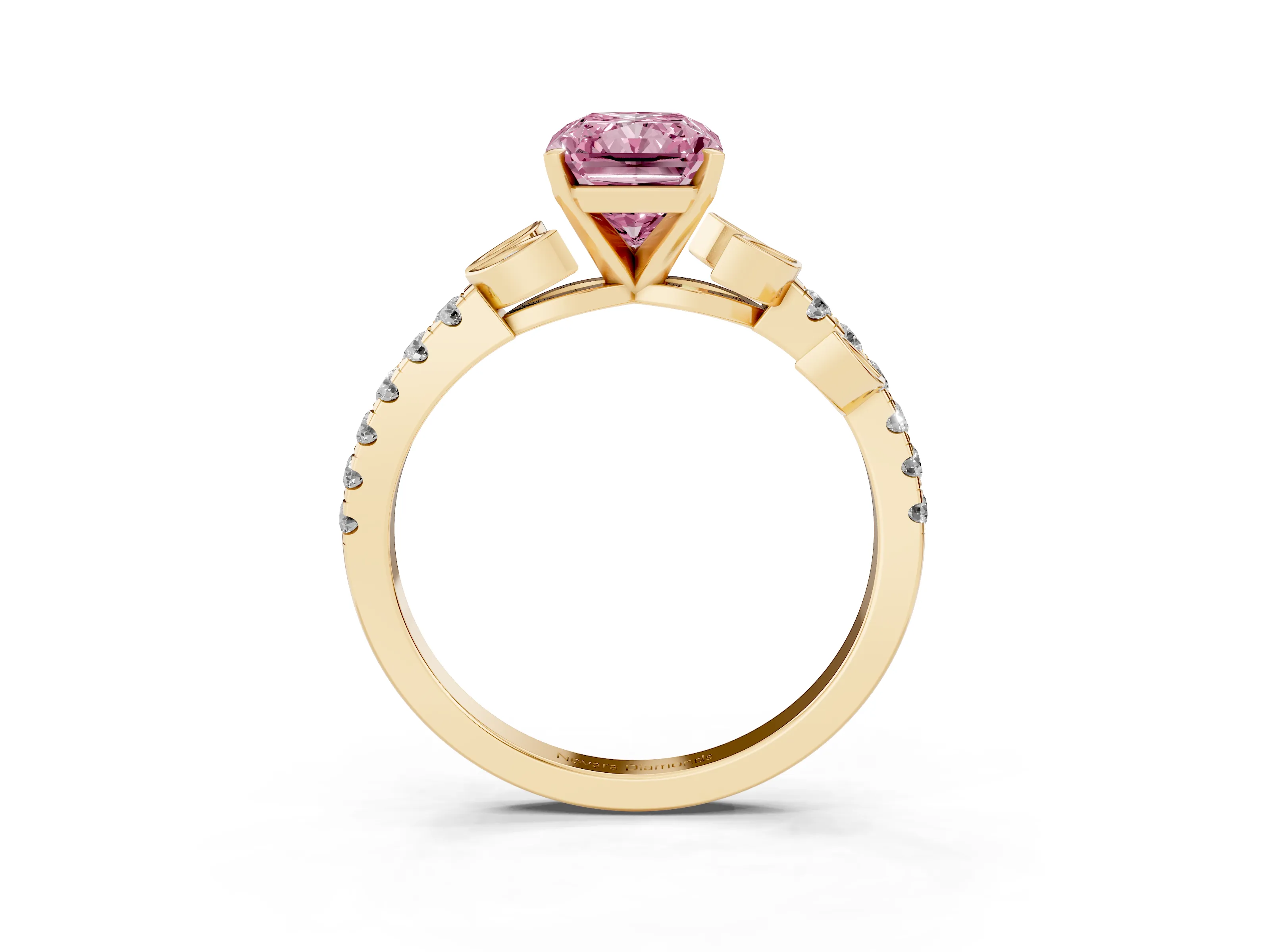 Fancy Pink Radiant Cut Diamond Solitaire Leaf-Inspired Ring Set in Yellow gold with Pavé Band and Prong Setting
