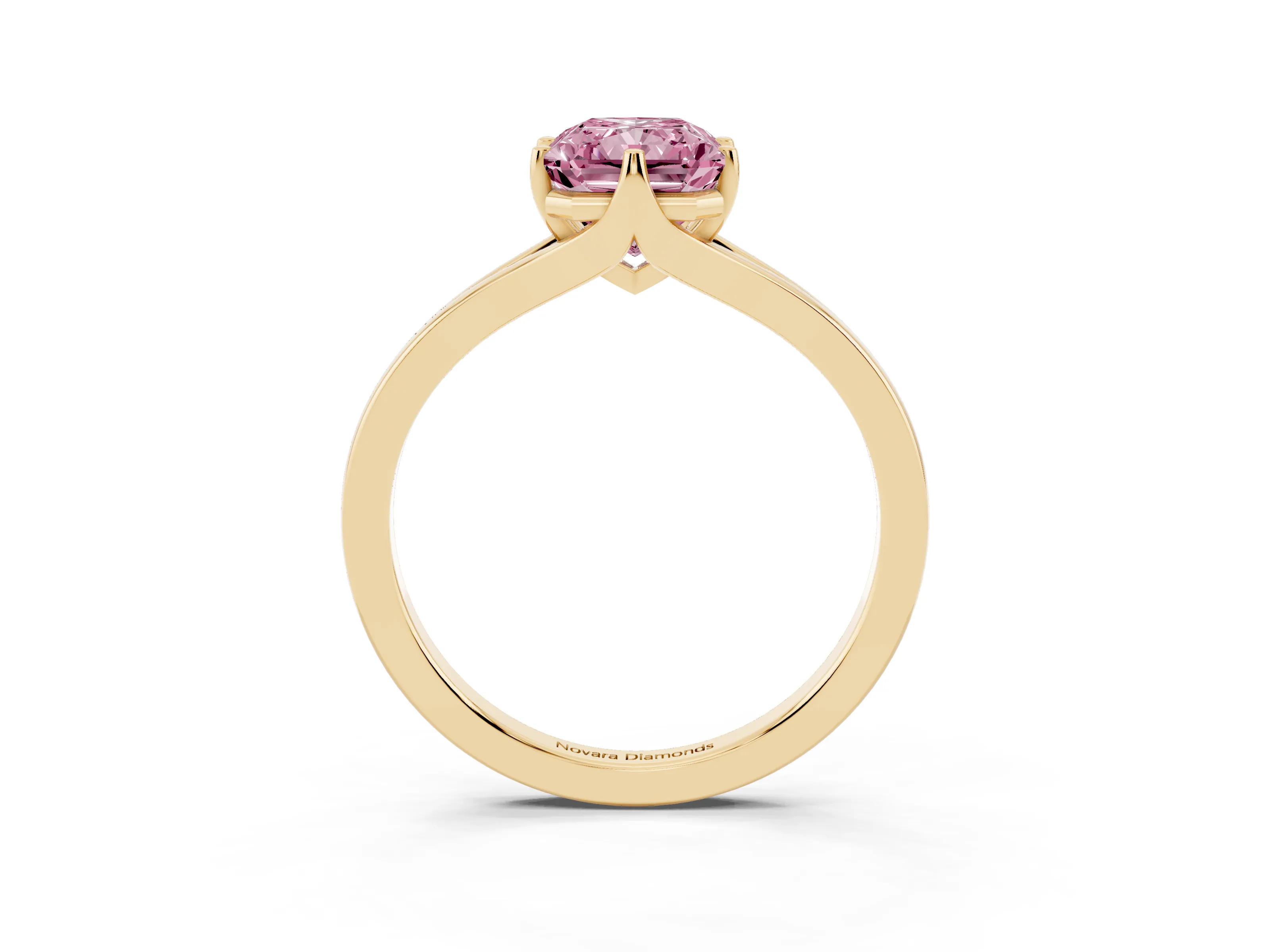 Fancy Pink Radiant Cut Diamond Solitaire Ring Set in Yellow gold with Polished Tapered Band and Prong Setting
