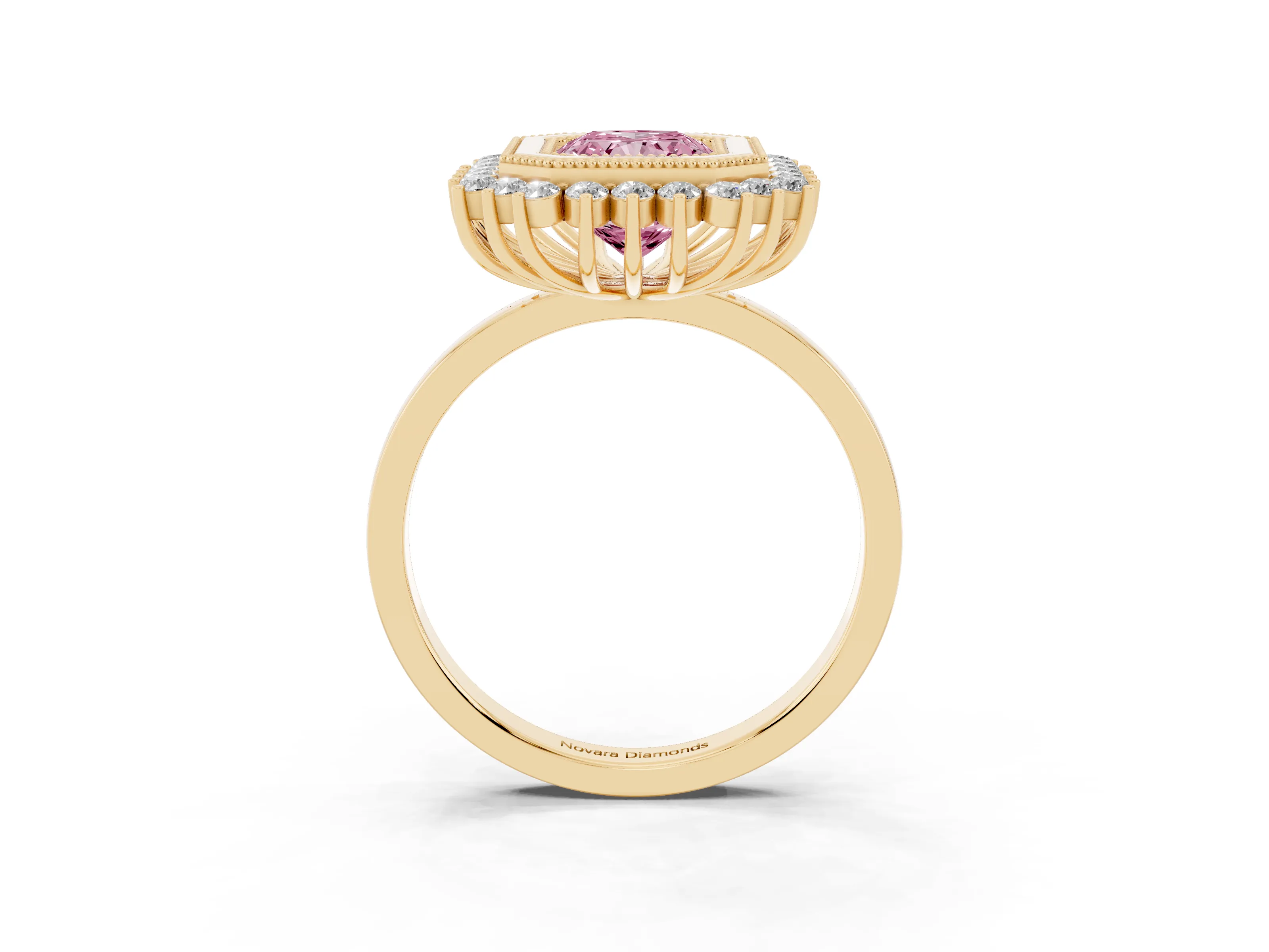 Fancy Pink Radiant Cut Diamond Halo Ring Set in Yellow gold with Milgrain Edge and Round Prong Setting