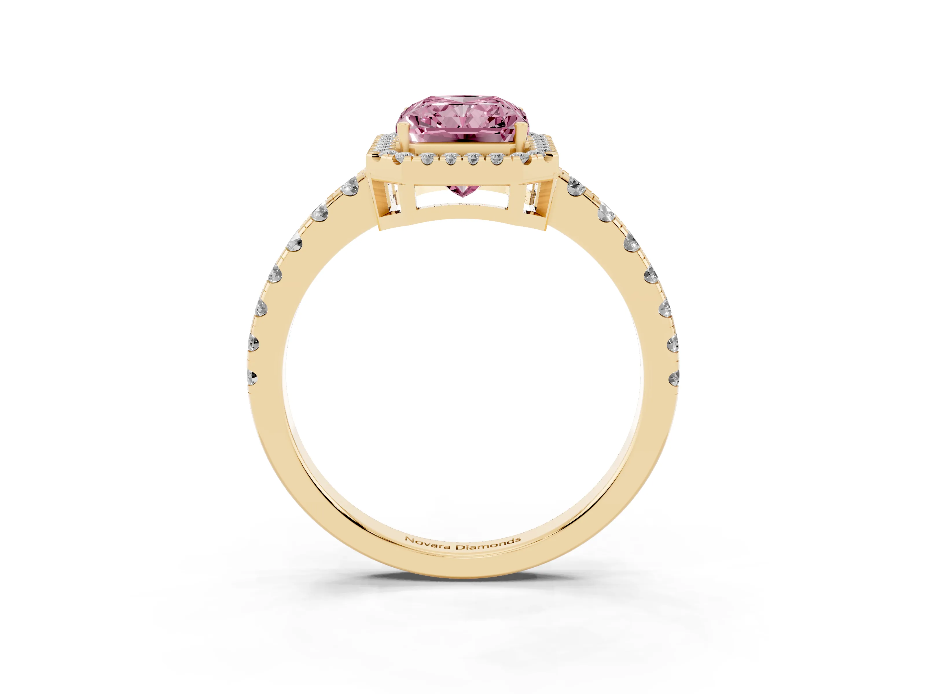 Fancy Pink Radiant Cut Diamond Halo Ring Set in Yellow gold with Delicate Pavé Band and Prong Setting