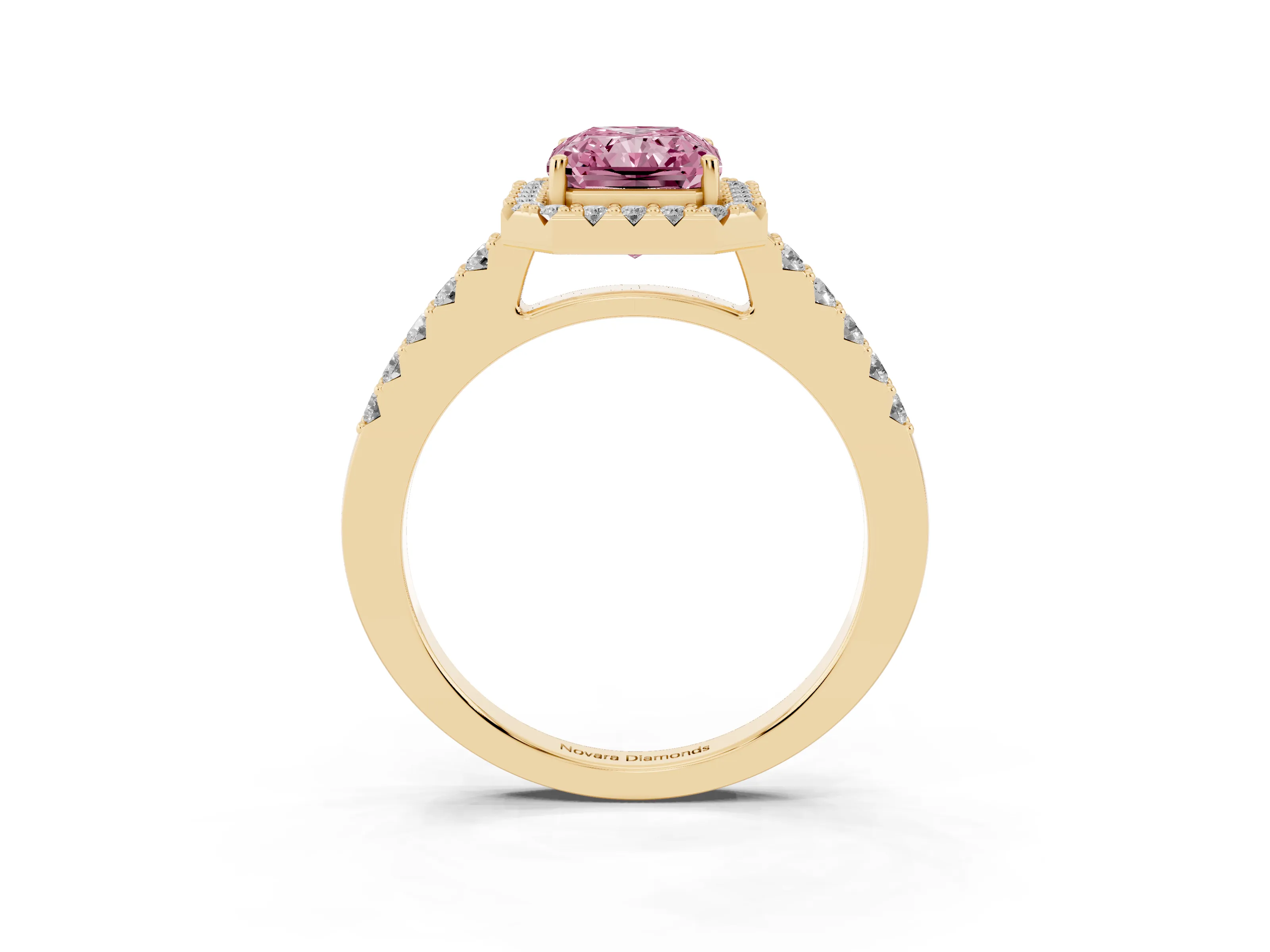 Fancy Pink Radiant Cut Diamond Halo Pavé Solitaire Ring Set in Yellow gold with Prong-Set Center Stone