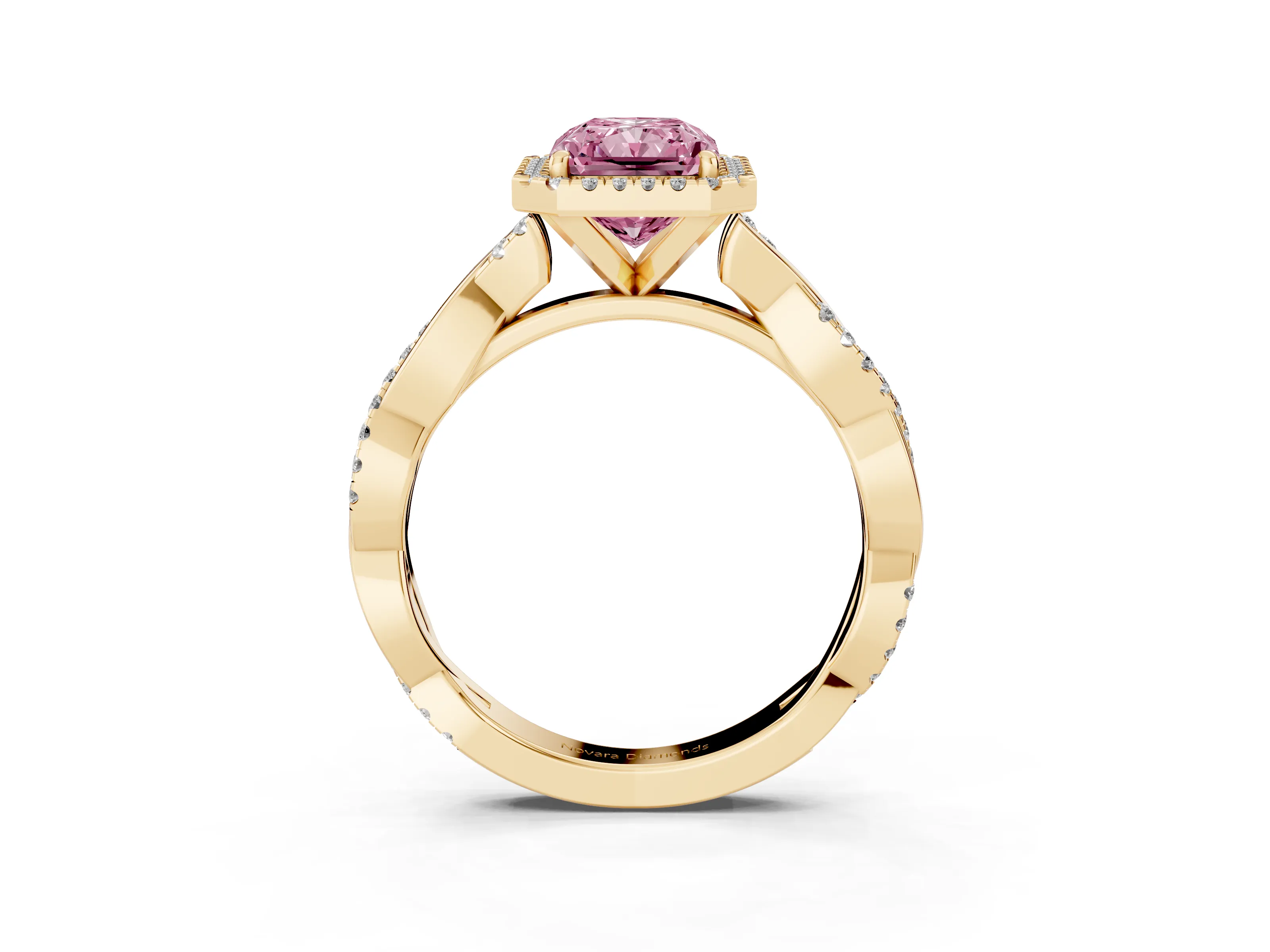 Fancy Pink Radiant Cut Diamond Halo Twisted Band Ring Set in Yellow gold with Prong Setting