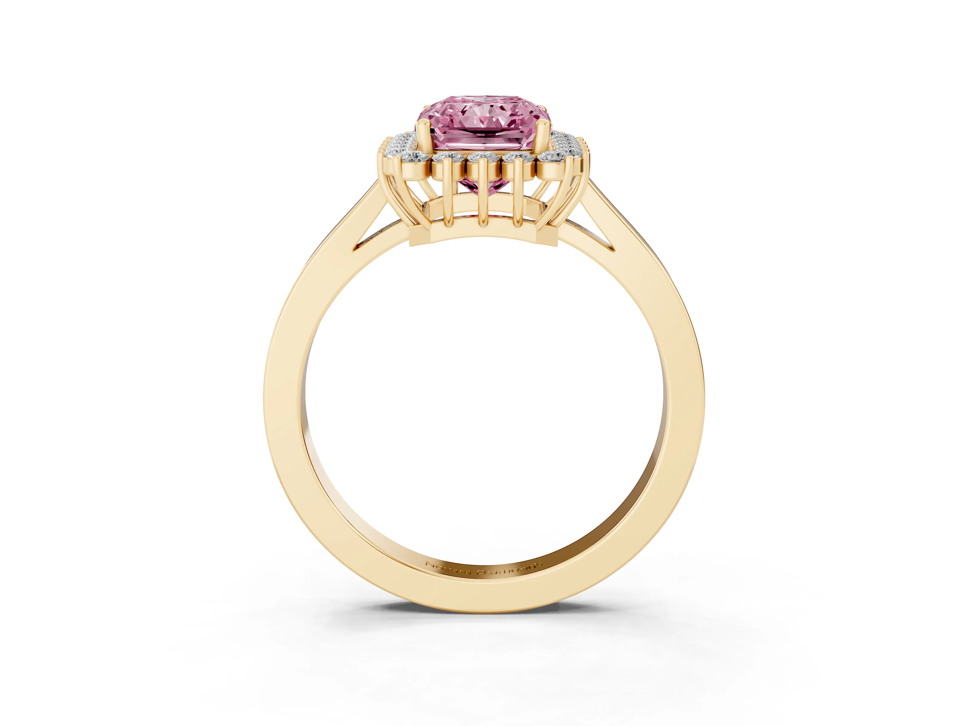 Fancy Pink Radiant Cut Diamond Halo Ring Set in Yellow gold with Round Halo and Smooth Solitaire Band