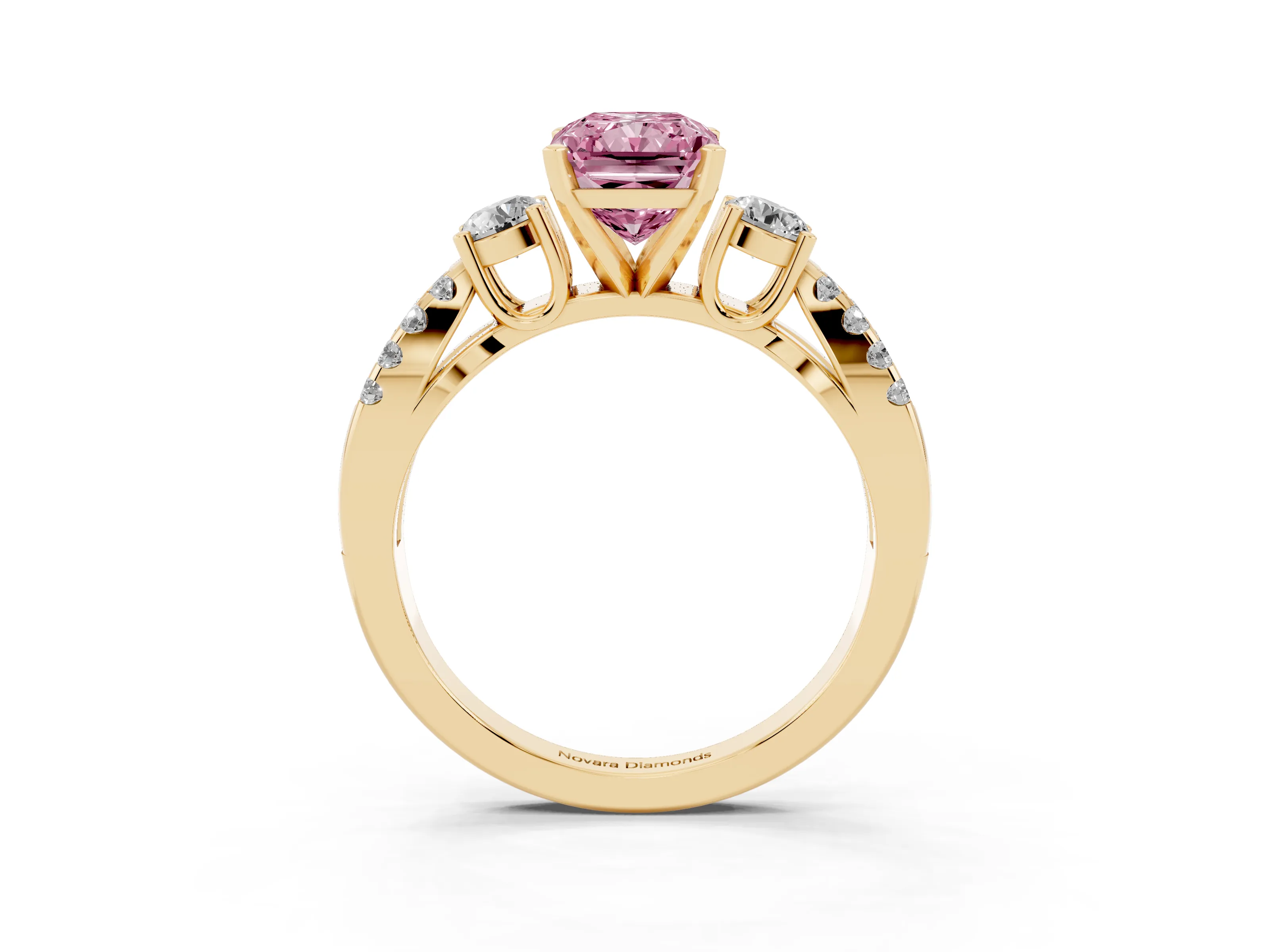 Fancy Pink Radiant Cut Diamond Three-Stone Ring Set in Yellow gold with Pavé Split Shank and Prong Setting