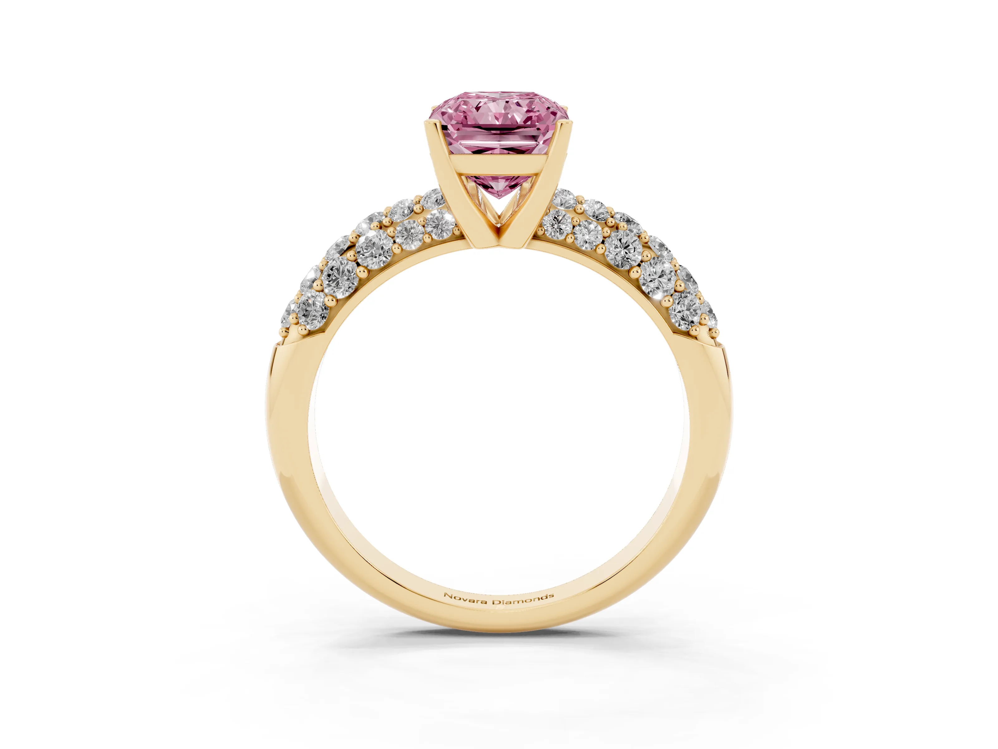 Fancy Pink Radiant Cut Diamond Pavé Band Solitaire Ring Set in Yellow gold with Close-Set Accent Stones and Prong Setting