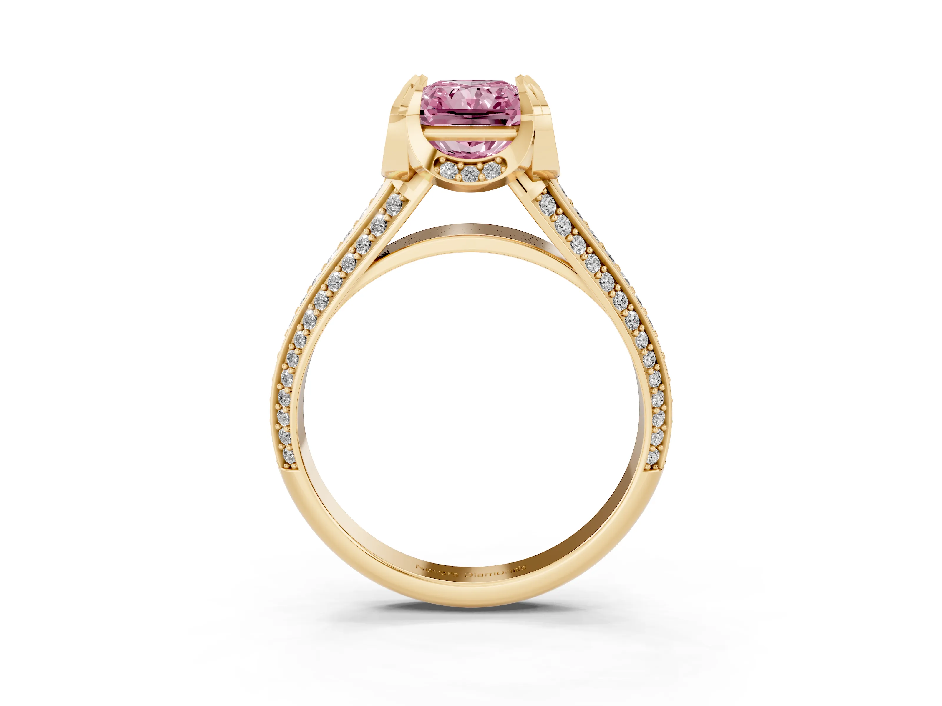 Fancy Pink Radiant Cut Diamond Pavé Split Shank Solitaire Ring Set in Yellow gold with Prong Setting