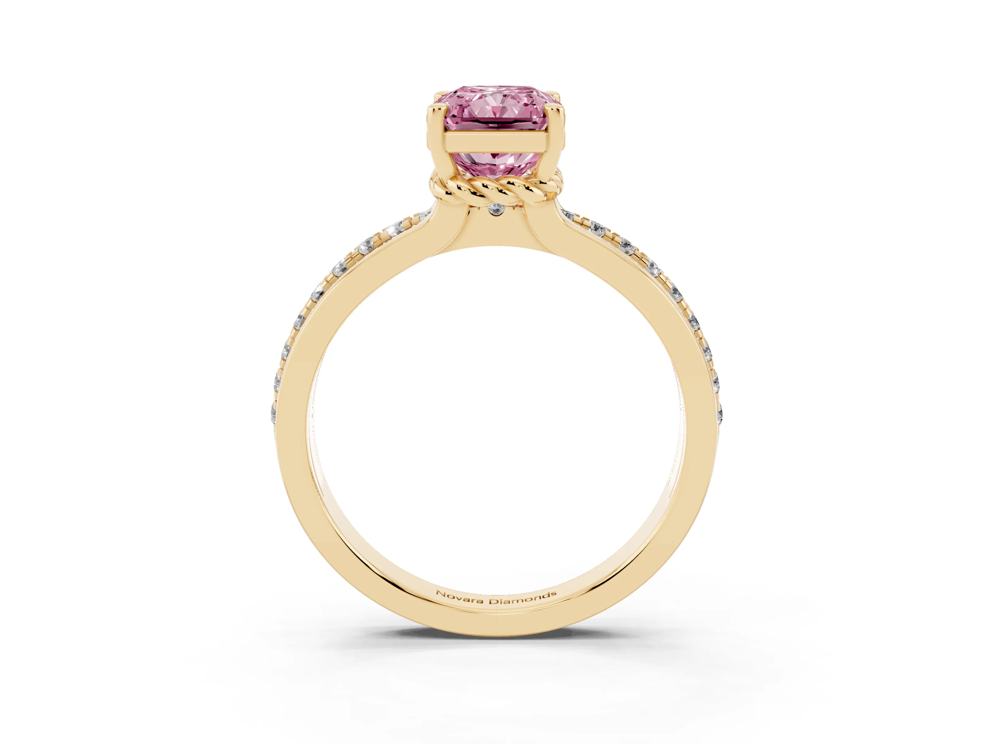 Fancy Pink Radiant Cut Diamond Solitaire Ring Set in Yellow gold with Channel Set Band and Prong Setting