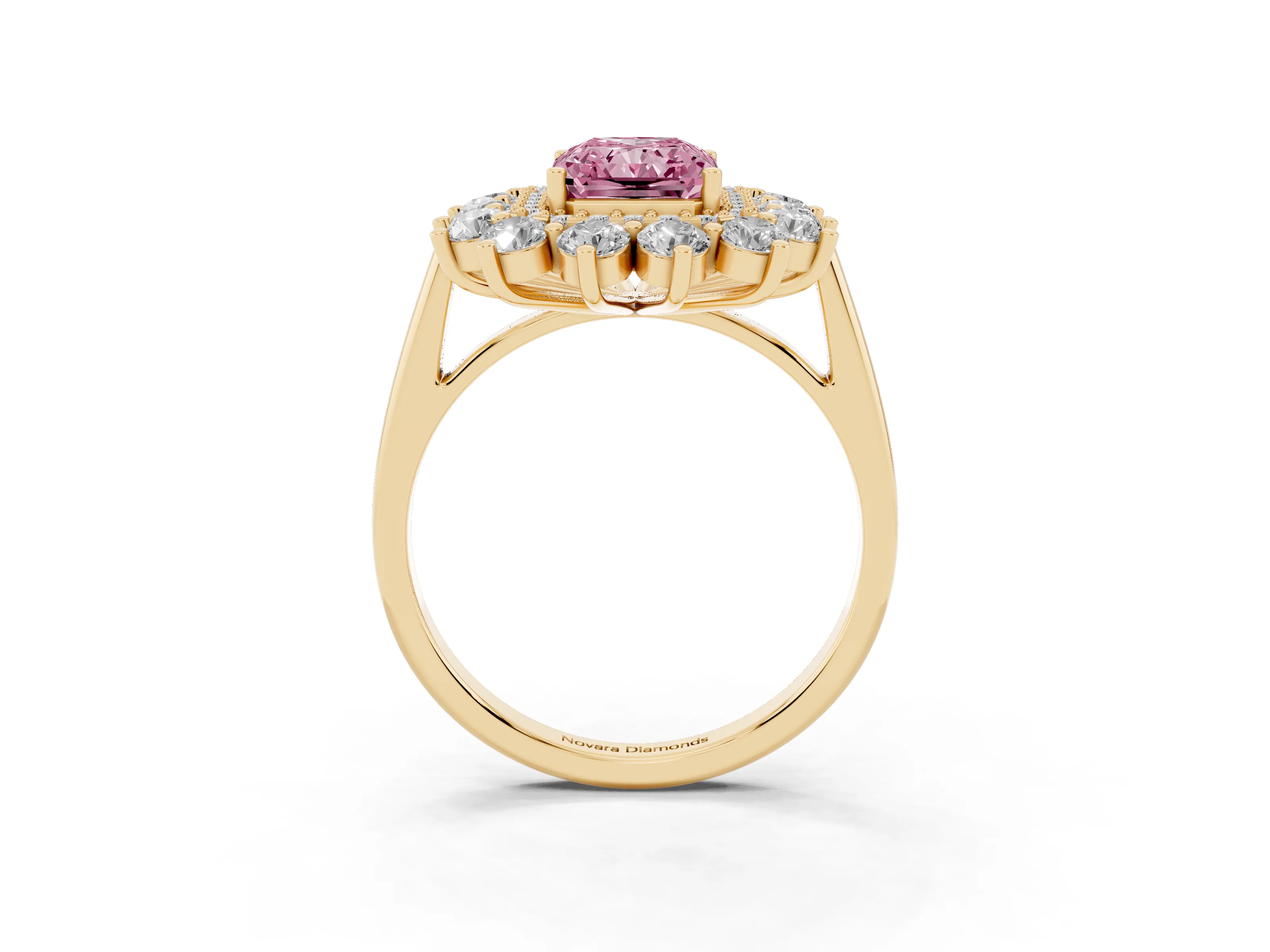 Fancy Pink Radiant Cut Diamond Floral Double Halo Ring Set in Yellow gold with Round Petals
