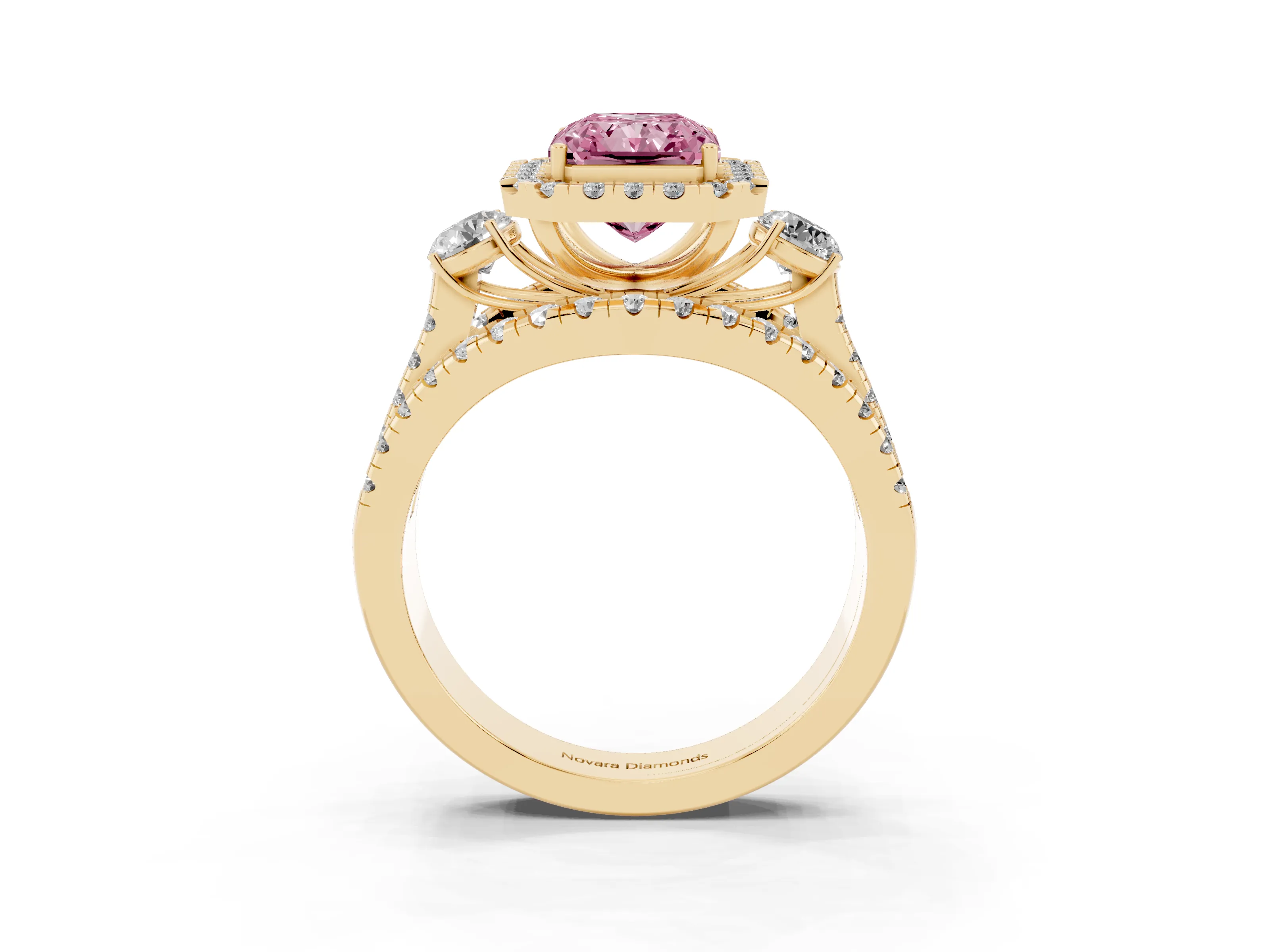 Fancy Pink Radiant Cut Diamond Halo Split Shank Ring Set in Yellow gold with Round Accent Stones and Prong Setting